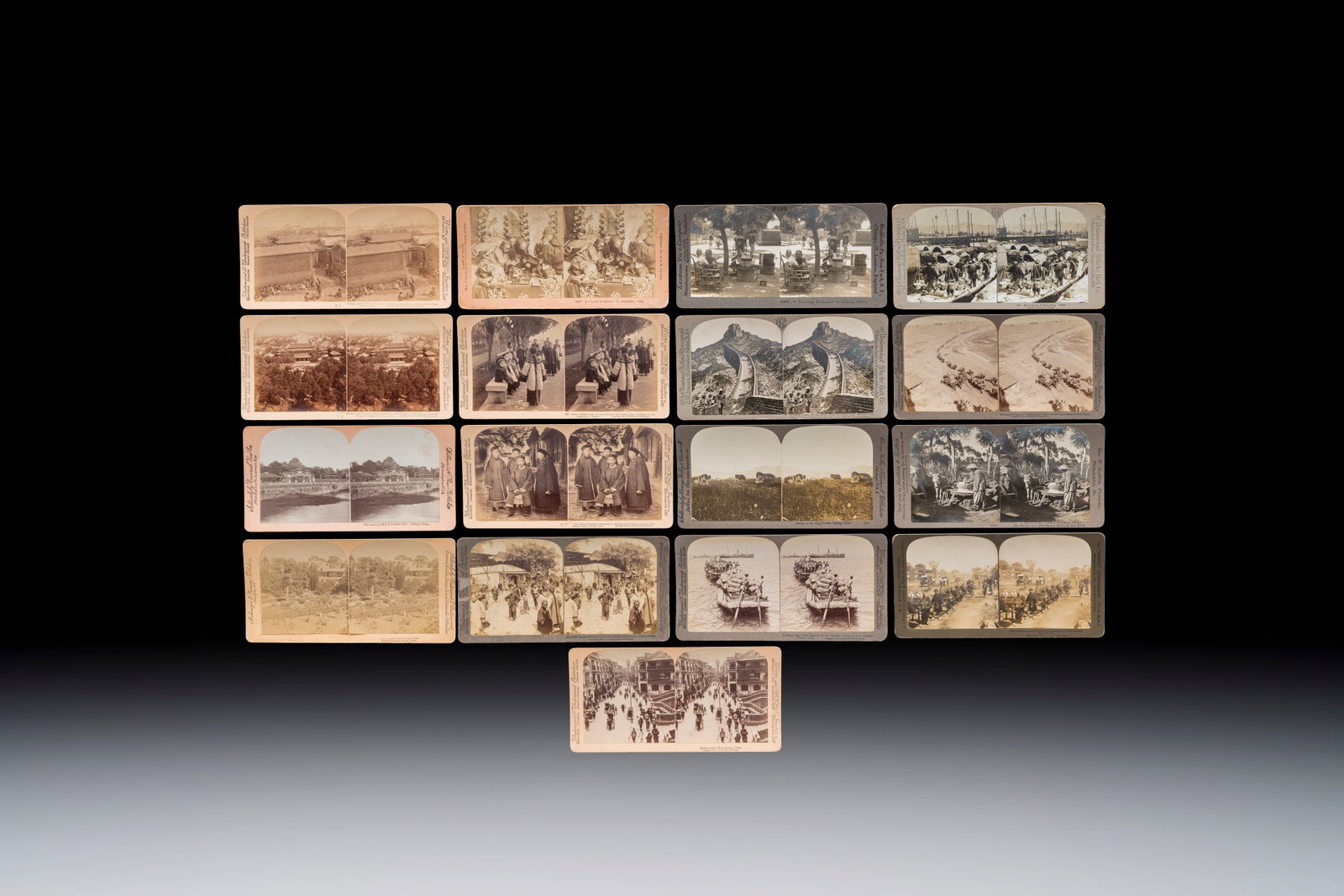 17 stereoview cards with views of China, depicting street scenes, architecture and daily life, (1 of 20)