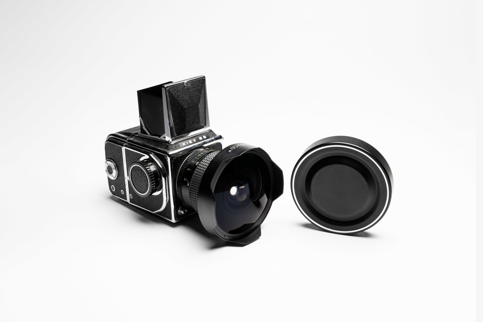 A Kiev 88 with Zodiak-B 30mm F3.5 fisheye lens, waist-level viewfinder and film back (1 of 15)