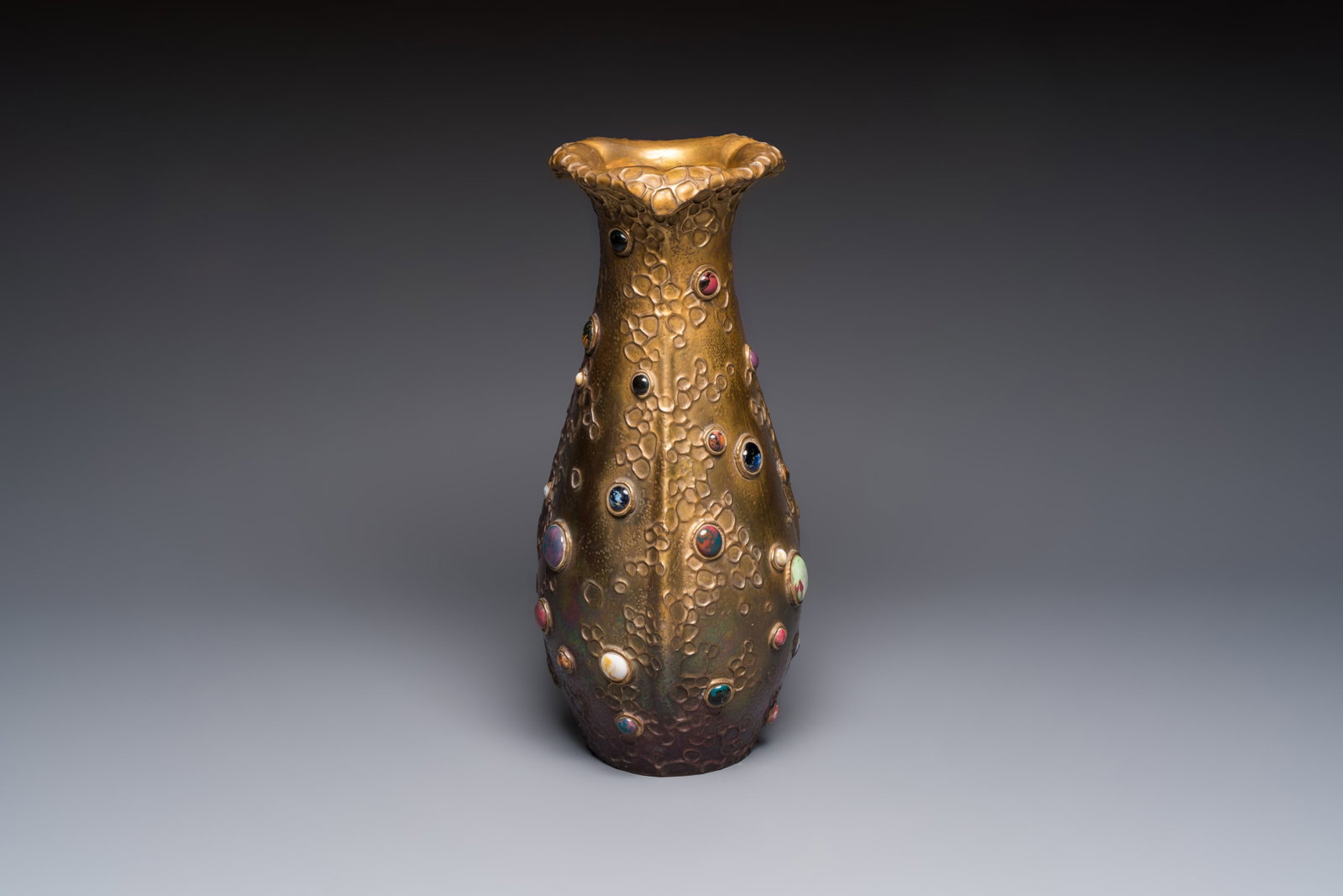 A fine Art Nouveau lustre-glazed faux jewel-embellished Amphora Gres-Bijou vase, Riessner, (1 of 7)