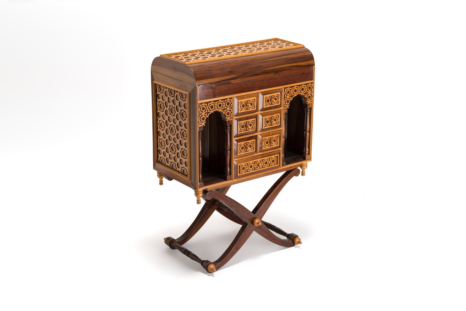 A Moorish-style wooden chest on stand with mirrors and geometric patterns, 20th C. (1 of 8)