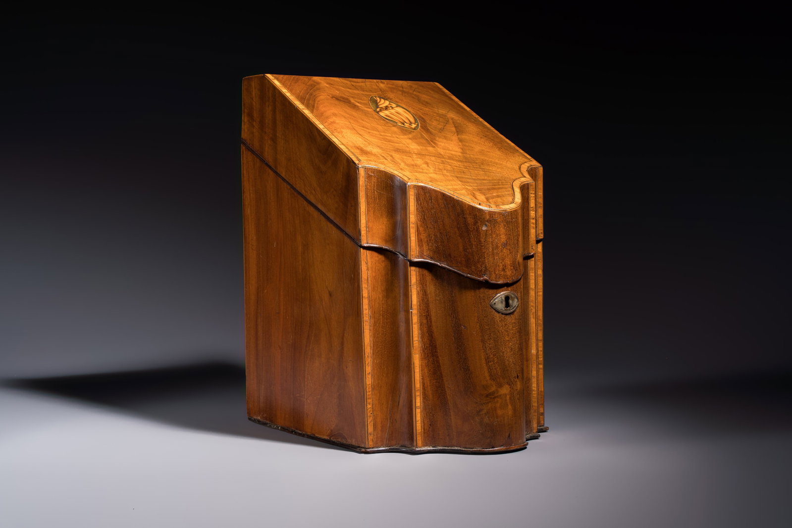 A George III mahogany knife box with marquetry inlay, later converted into a letter box, England, (1 of 8)