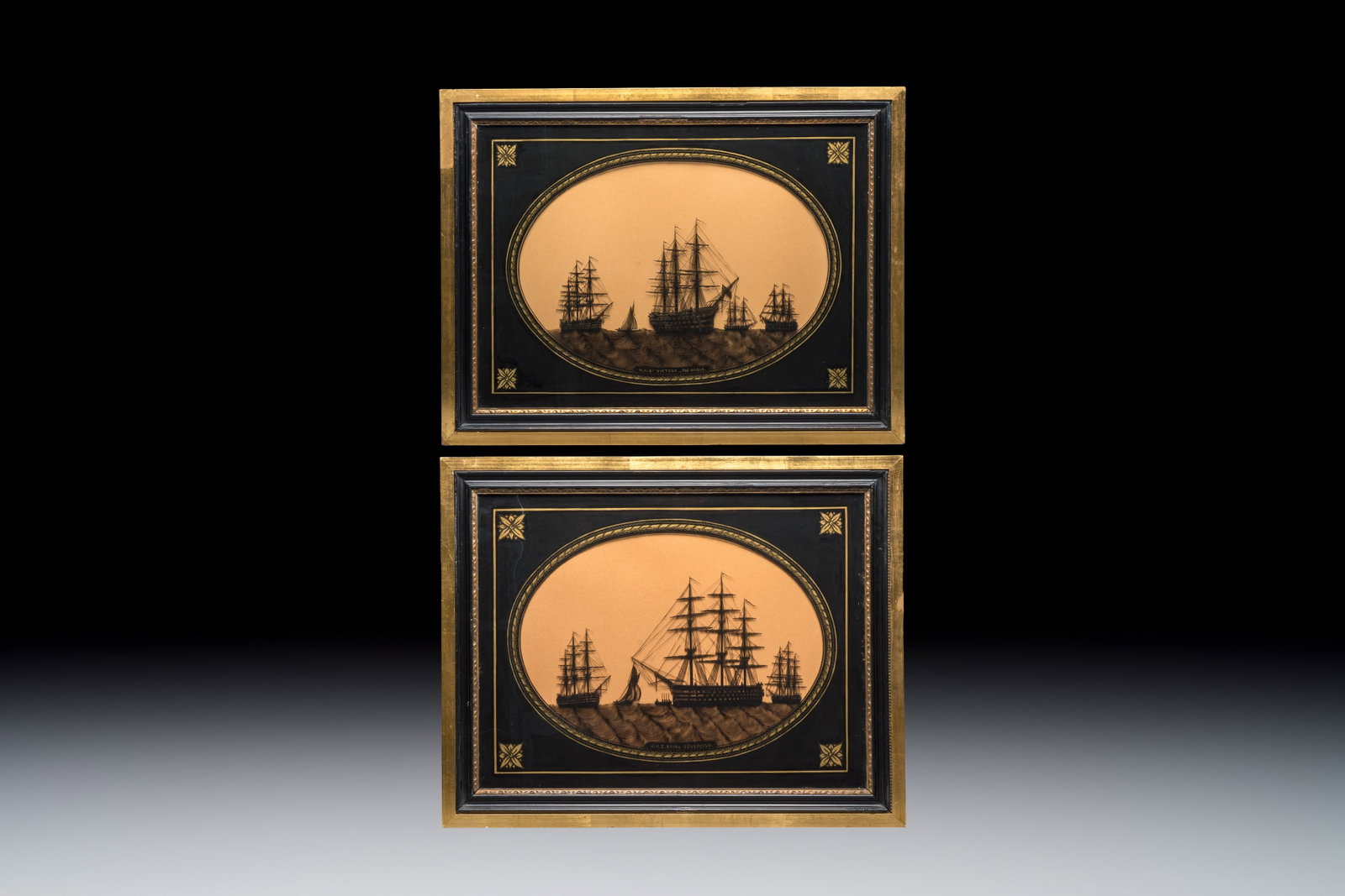 A pair of English reverse-glass silhouette paintings depicting ‘H.M.S. Royal Sovereign’ and (1 of 5)