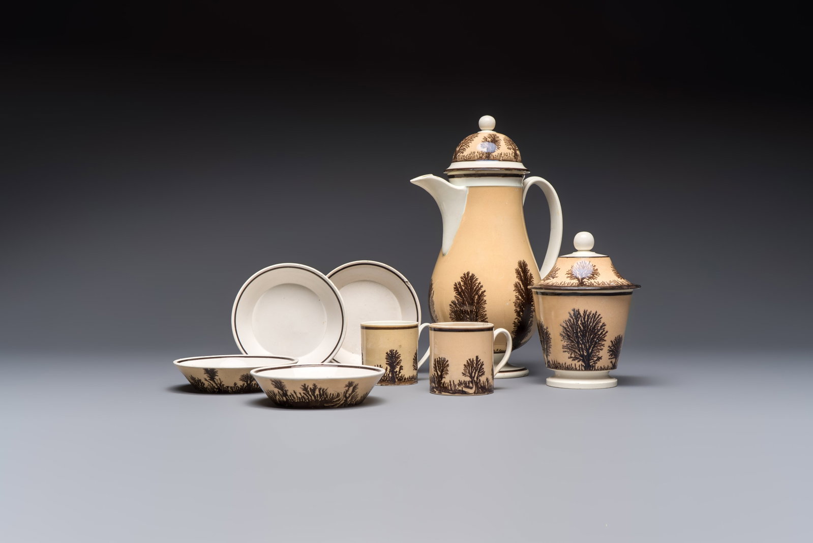 An 8-piece French Creil mochaware coffee service, marked, 19th C. (1 of 15)