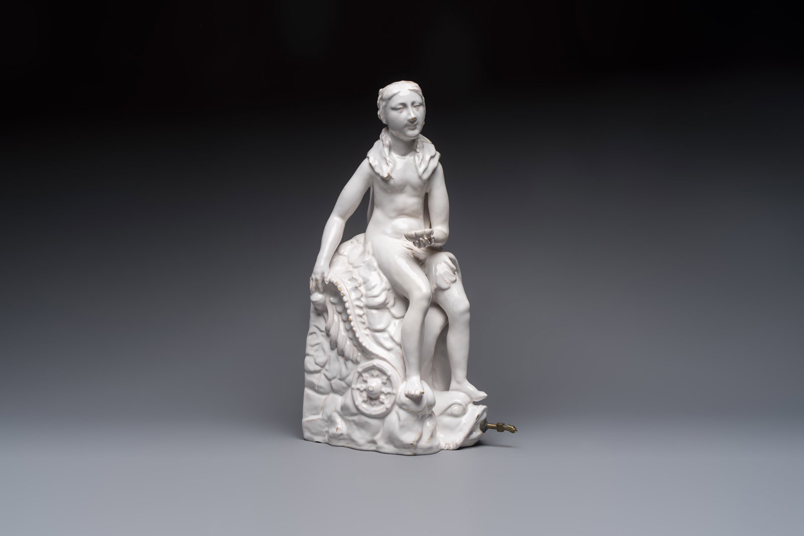 A white-glazed Brussels faience 'Amphitrite' table fountain, Rue de la Montagne factory, Jacques (1 of 9)