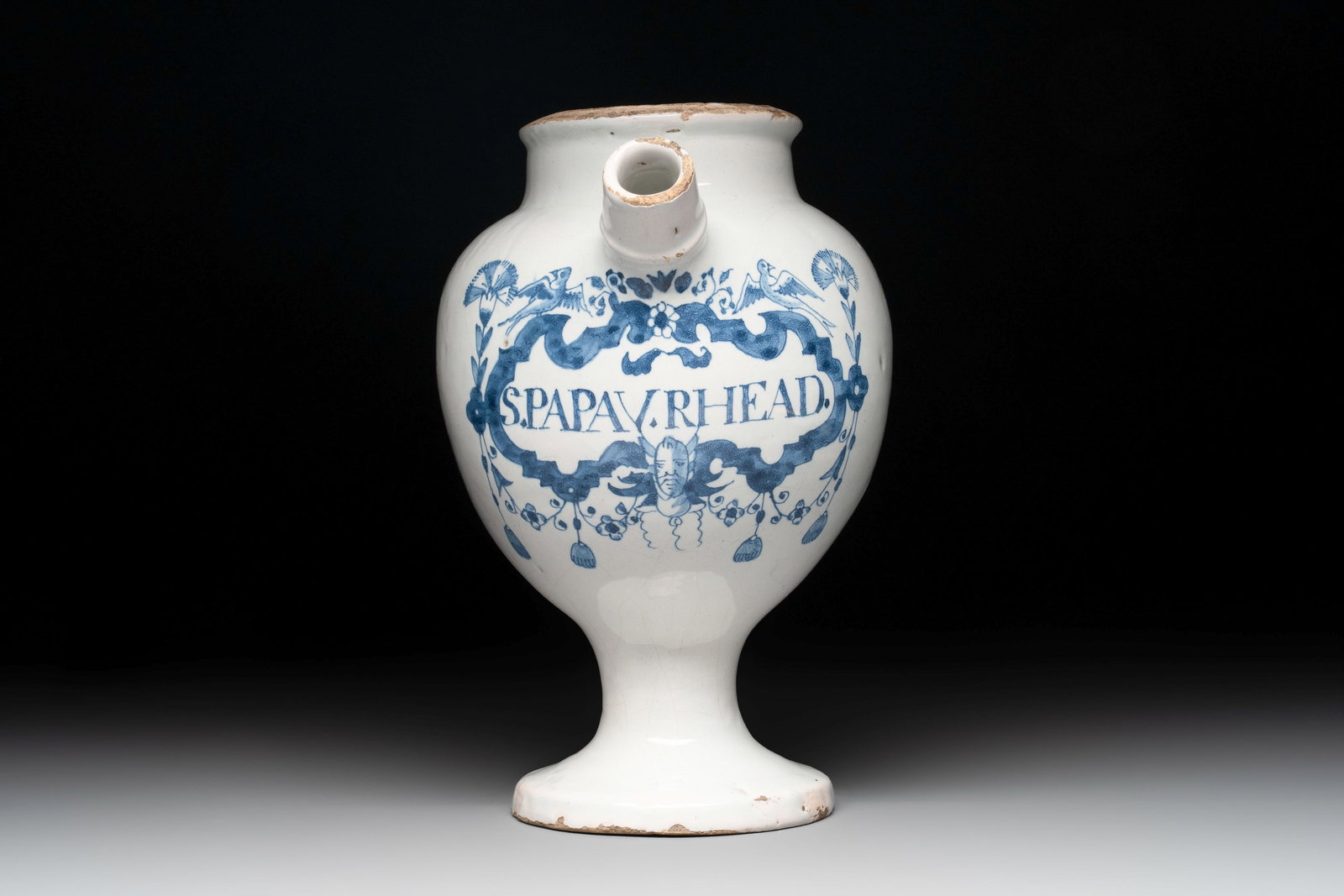 A blue and white Brussels faience drug or syrup jar, inscribed 'S.PAPAV.RHEAD.', ca. 1700 (1 of 6)