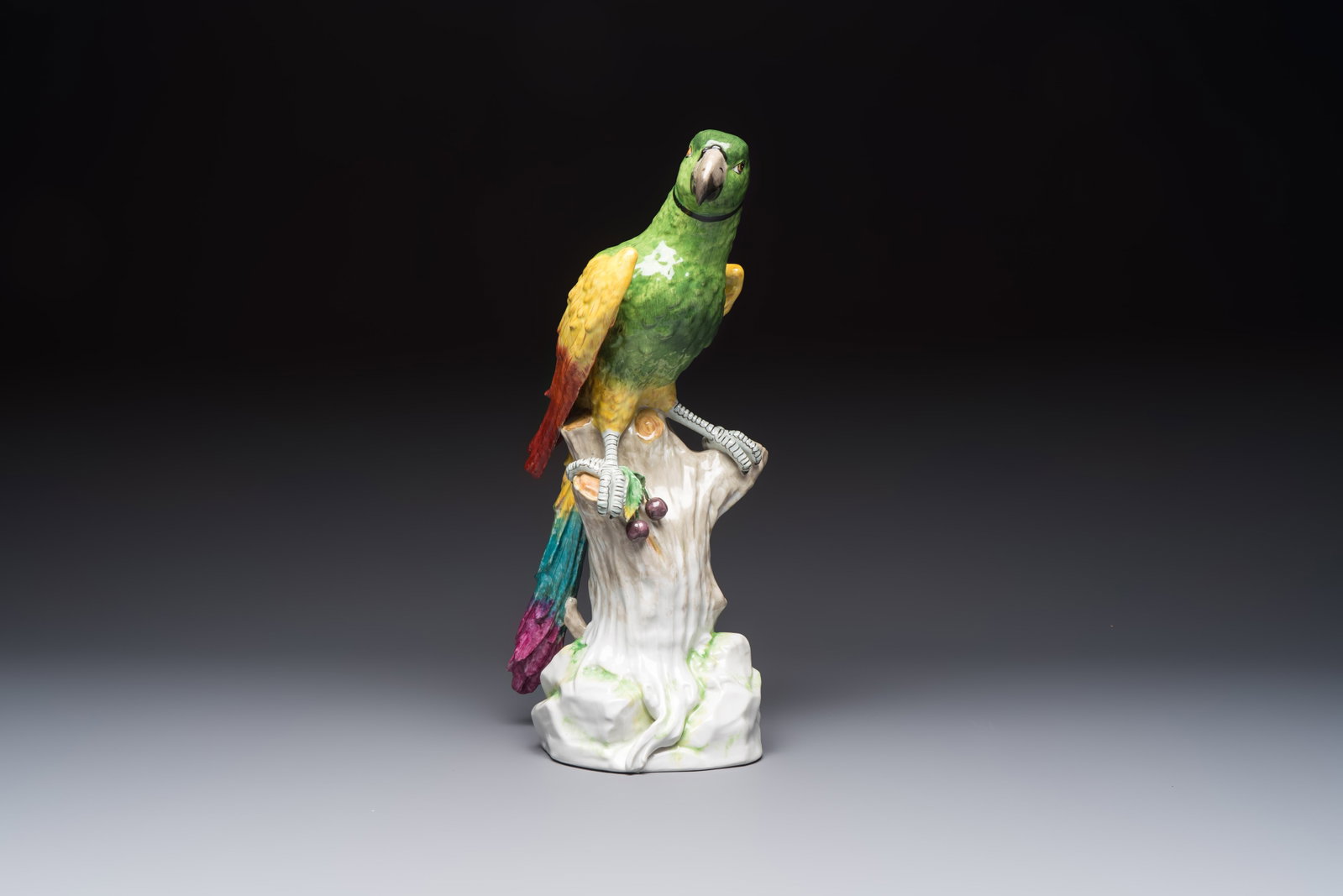 A German polychrome 'Parrot on Tree Stump' sculpture, SP Dresden mark, 20th C. (1 of 8)