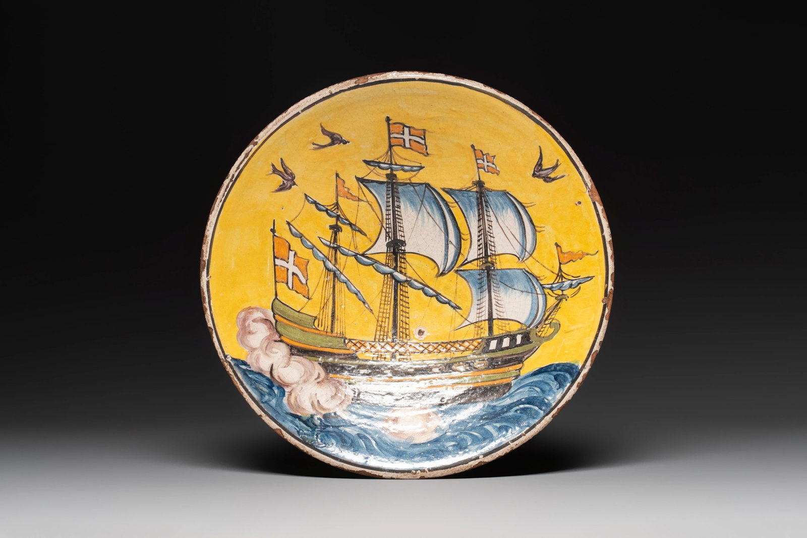 An Italian maiolica dish with a Danish ship, 19th C. (1 of 2)