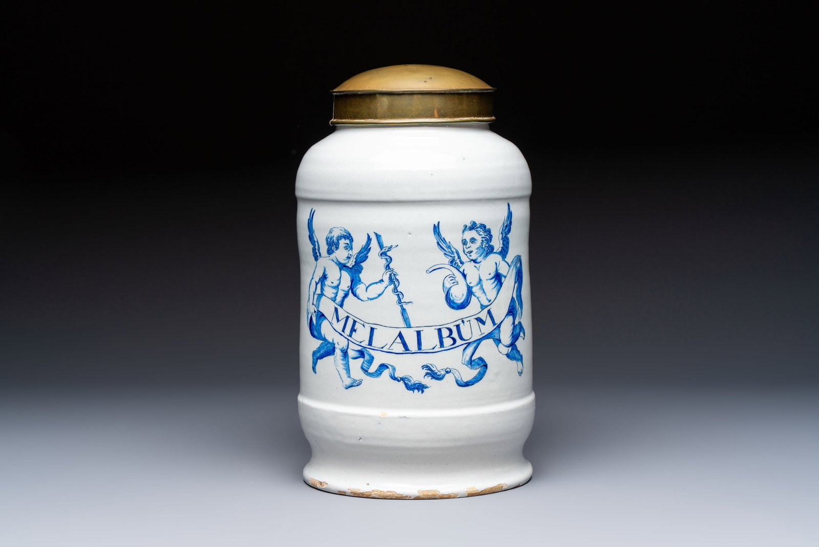 A large blue and white Dutch Delft albarello and cover inscribed 'MEL ALBUM', 18th C. (1 of 7)