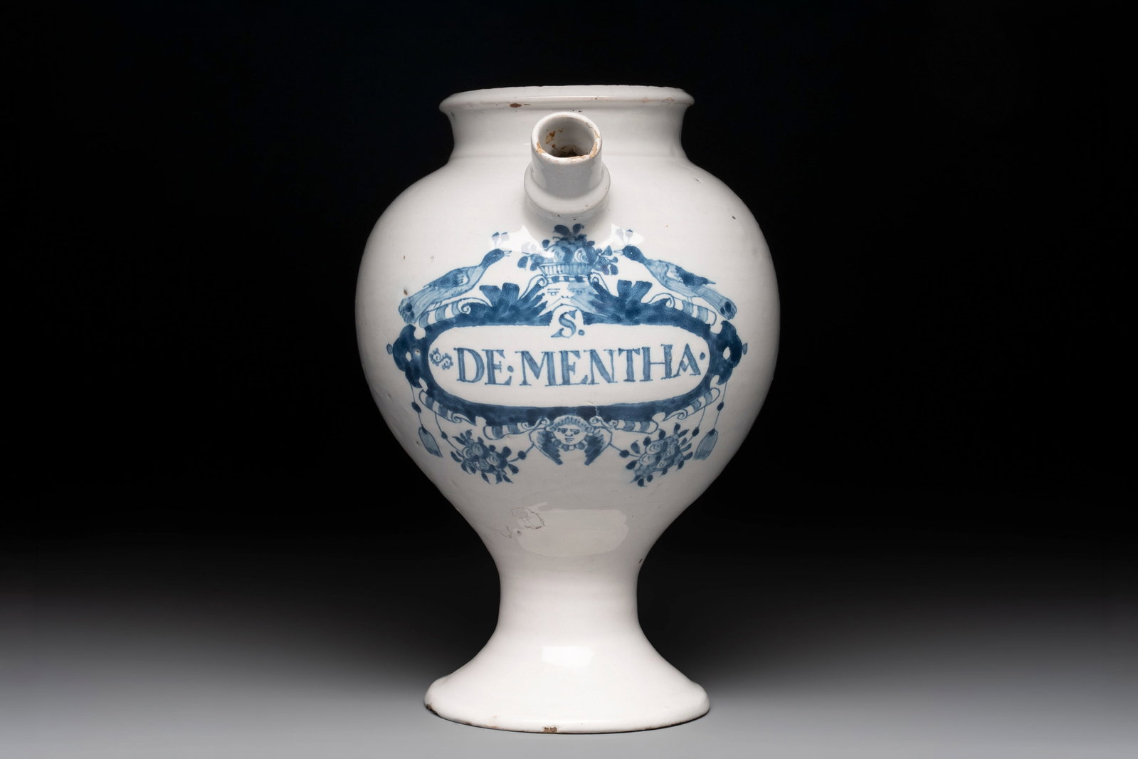A blue and white Dutch Delft wet drug or syrup jar inscribed 'S. DE MENTHA', early 18th C. (1 of 7)