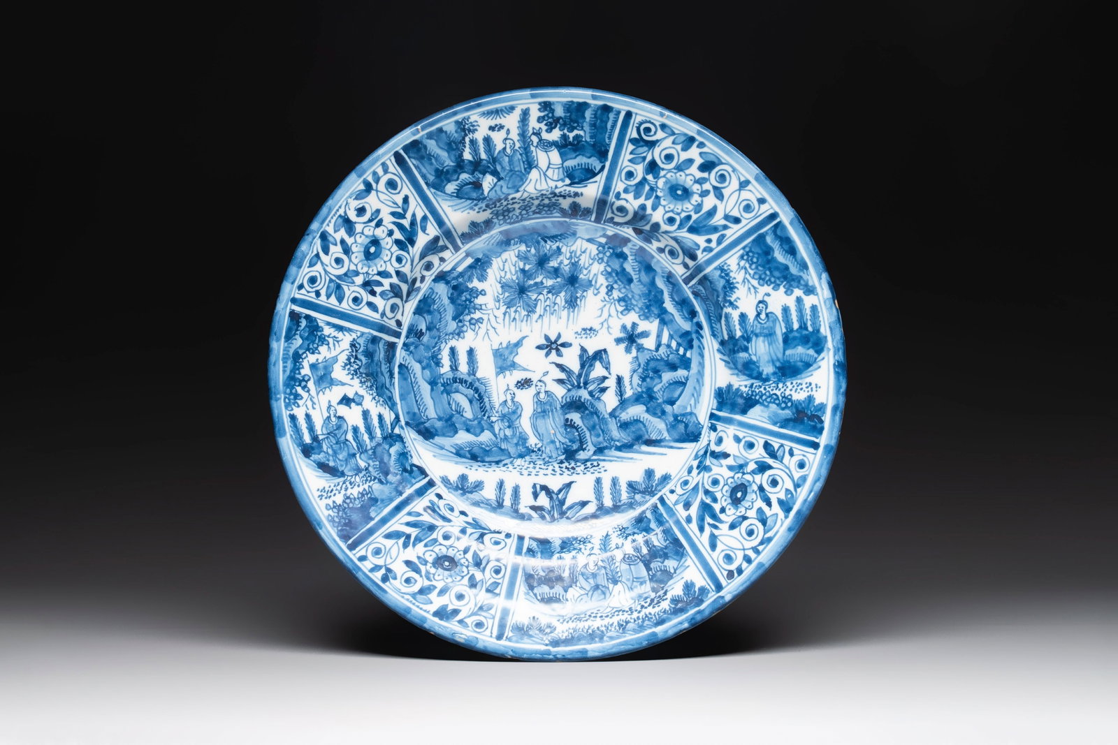A blue and white Dutch Delft chinoiserie dish, 17th C. (1 of 2)