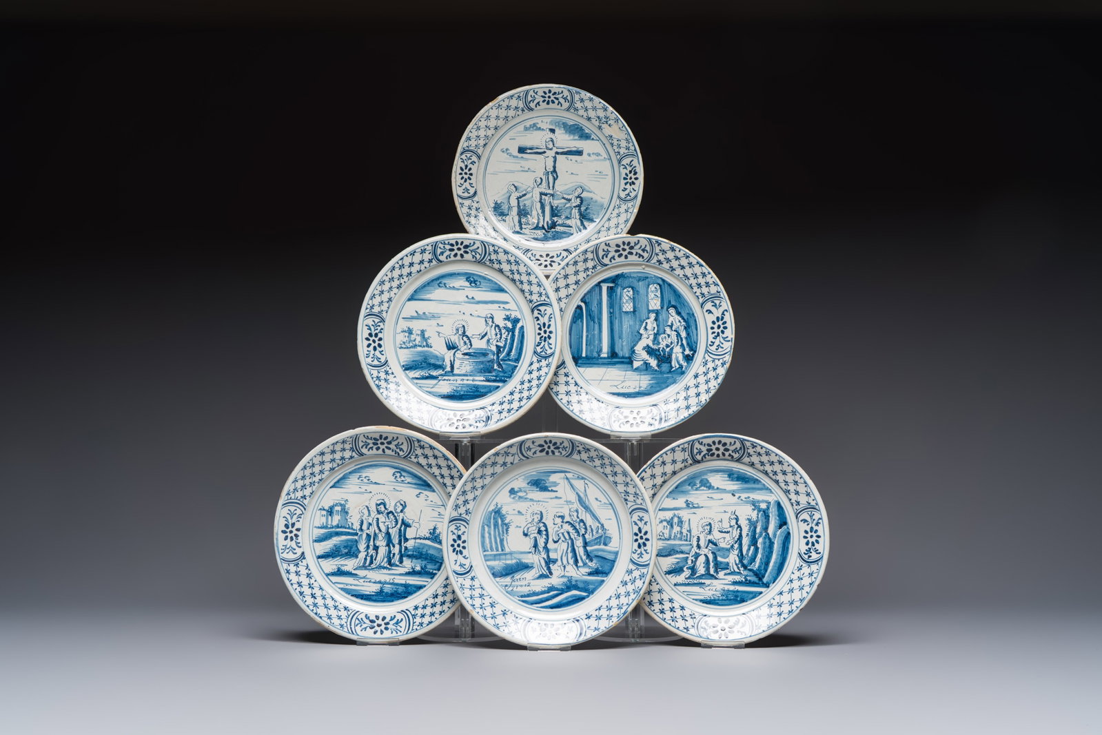 Six blue and white Dutch Delft 'Biblical Subject' plates, probably Friesland, Makkum, 18th C. (1 of 13)