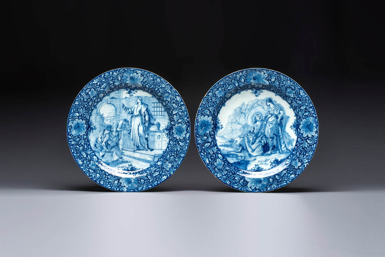 A pair of fine large blue and white Dutch Delft biblical subject dishes, dated 1781 (1 of 5)