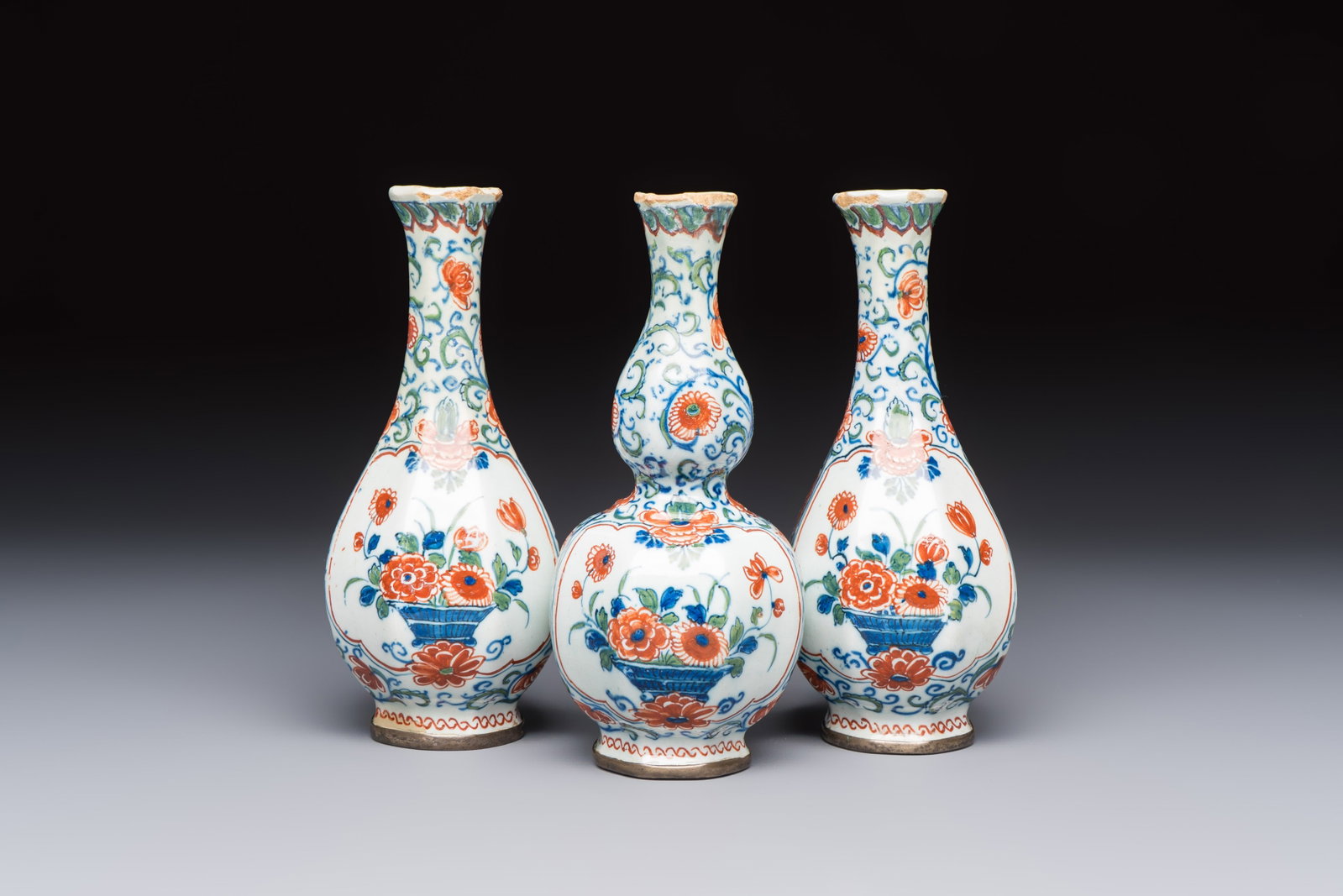 Three polychrome Dutch Delft cashmere palette bottle vases, first quarter 18th C. (1 of 7)