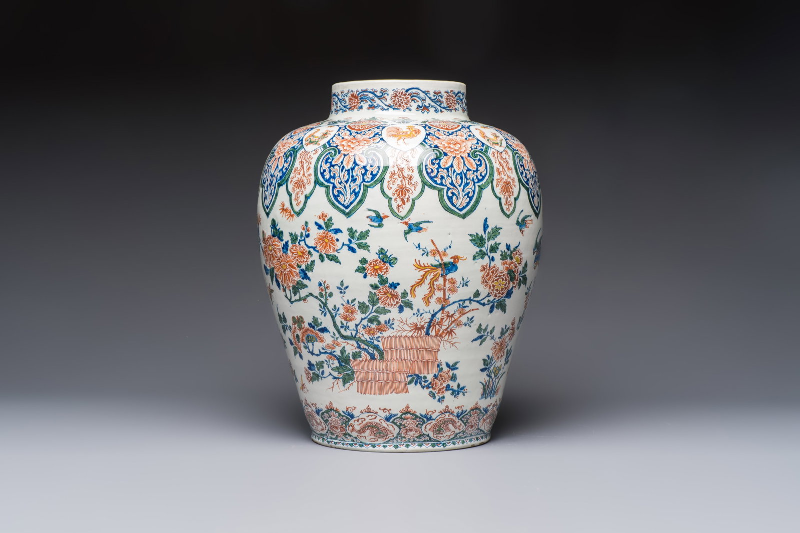 A large Dutch Delft cashmere palette vase with a phoenix and birds among flowers, ca. 1700 (1 of 6)