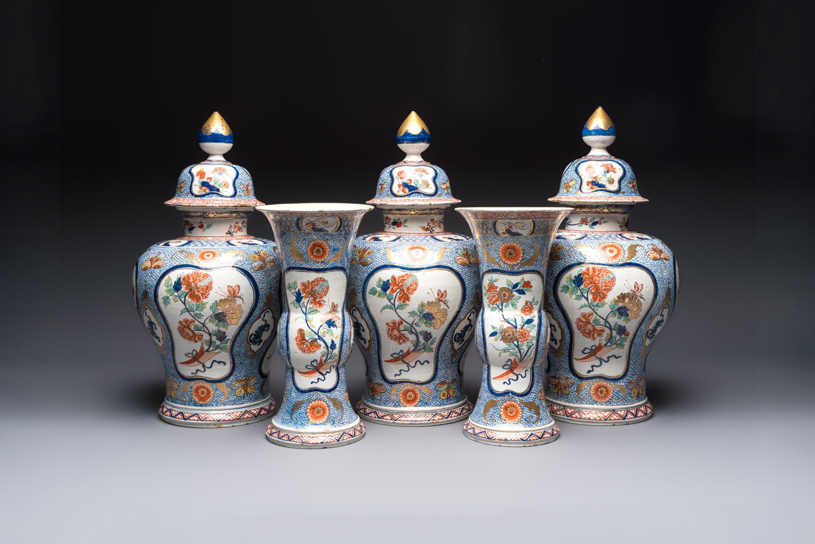 An exceptional polychrome Dutch Delft five-piece garniture in Chinese Kangxi style, first quarter (1 of 18)