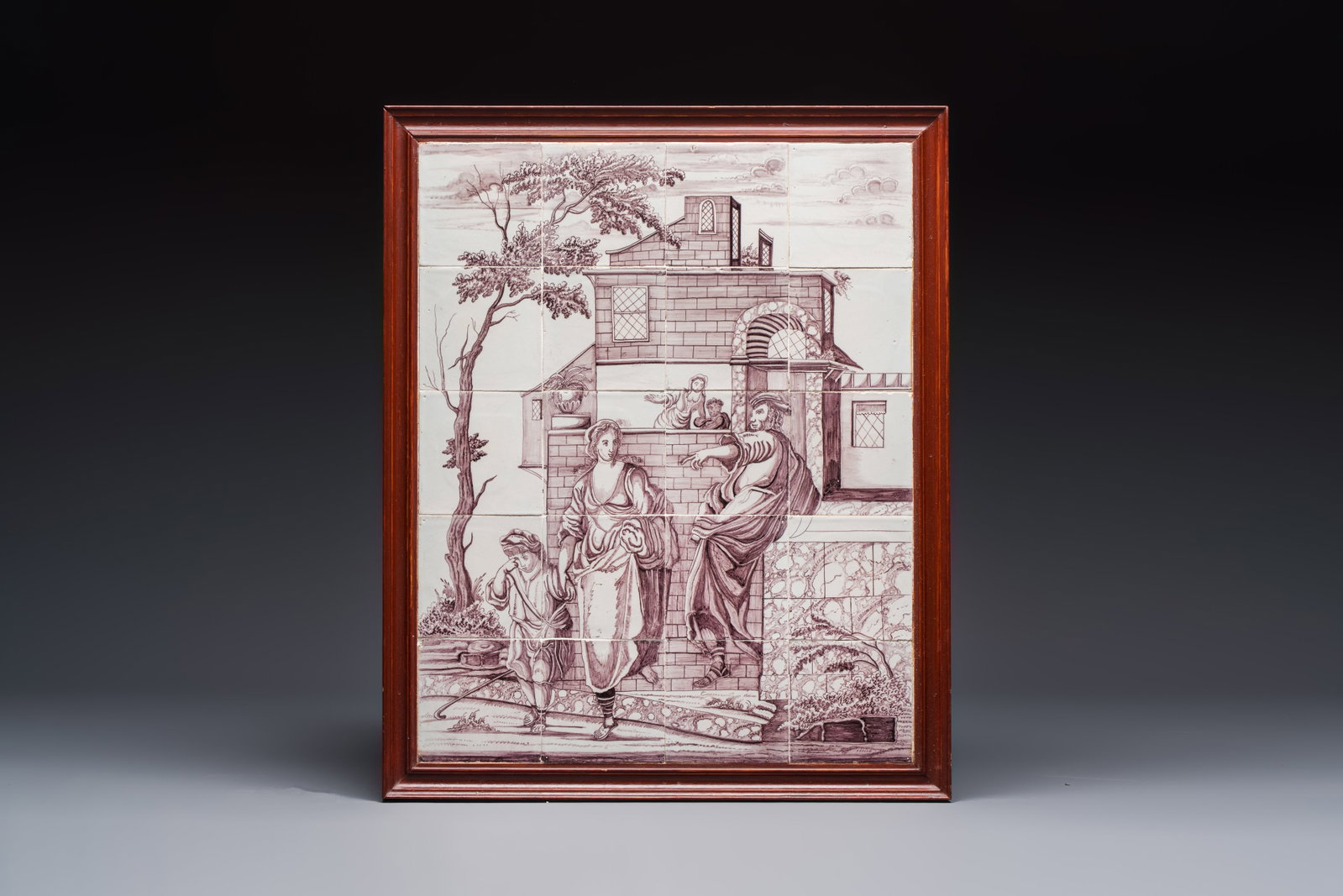 A manganese Dutch Delft tile mural, Aalmis, Rotterdam, 18th C.: A manganese Dutch Delft tile mural, Aalmis, Rotterdam, 18th C. Dim.: ca. 72,5 x 59,5 cm (the frame) Dim.: ca. 13 x 13 cm (each tile)