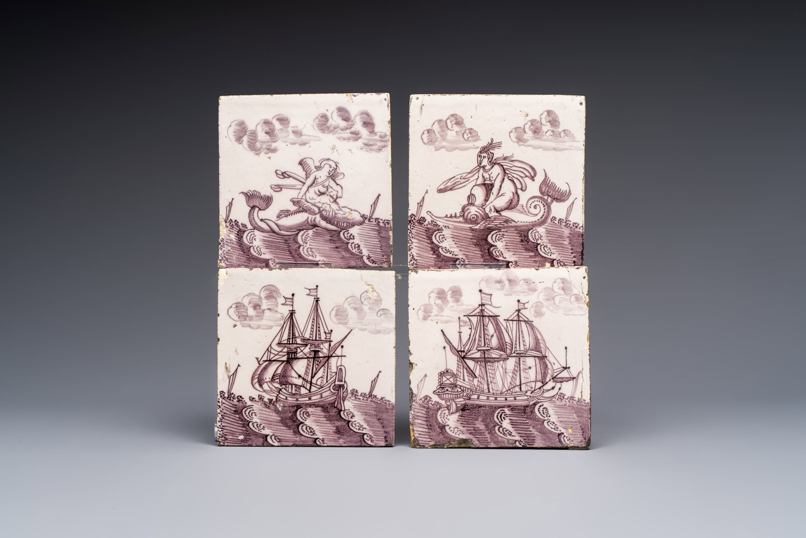 Four manganese Dutch Delft 'Sea Creatures' and 'Ship' tiles, 17th C. (1 of 2)