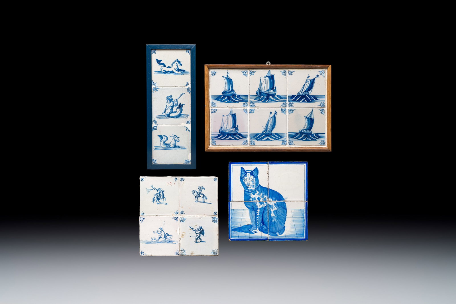 17 blue and white Dutch Delft tiles with sea monsters, ships, a cat and various figures, 17th C. and: 17 blue and white Dutch Delft tiles with sea monsters, ships, a cat and various figures, 17th C. and later Dim.: ca. 27,5 x 41 cm (the largestframe) Dim.: ca. 25,6 x 25,6 cm (the smallest frame) Dim.: