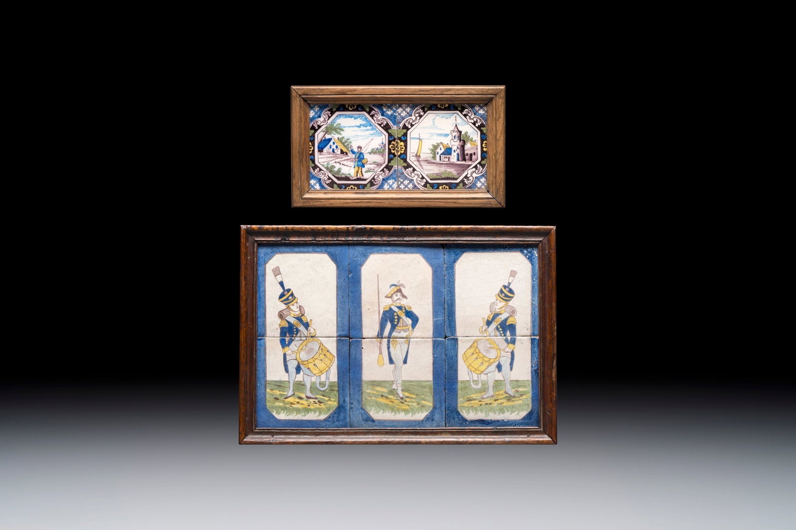 A framed six-piece 'Musicians' tile panel and two 'Landscape' tiles, France, 19th C. (1 of 5)