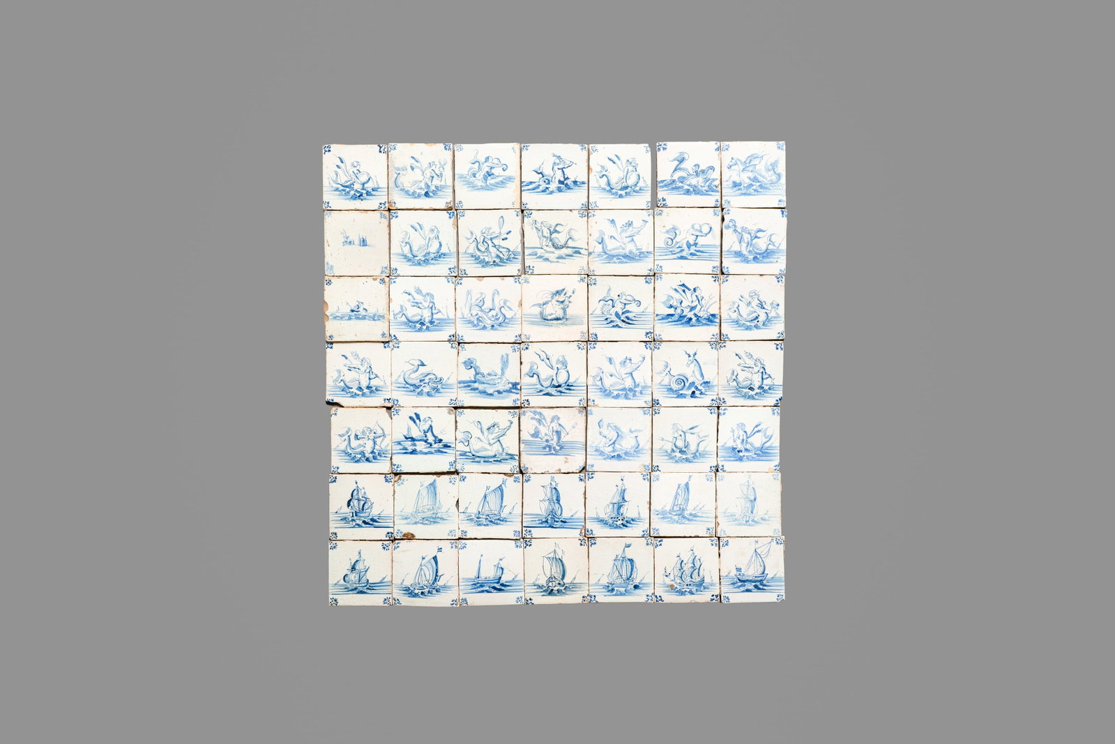 49 blue and white Dutch Delft 'Sea Creatures' tiles, 17th C.: 49 blue and white Dutch Delft 'Sea Creatures' tiles, 17th C. Dim.: ca. 12,3 x 12,3 x 1 (each tile)