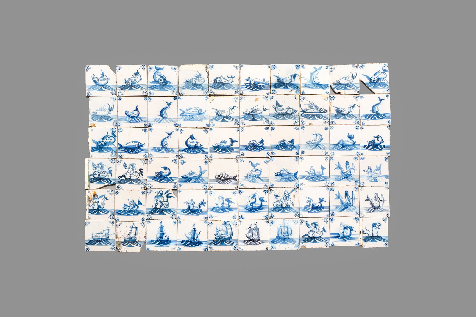 60 blue and white Dutch Delft 'Sea Creatures' and 'Ship' tiles, 18th C. (1 of 1)