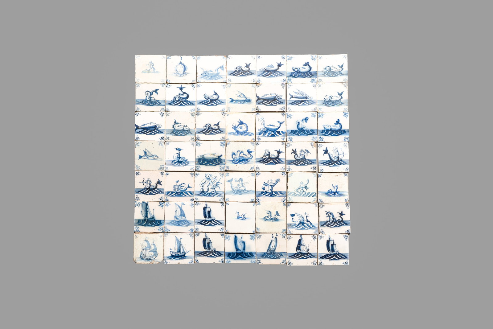 49 blue and white Dutch Delft 'Sea Creatures' and 'Ship' tiles , 17th C. (1 of 1)