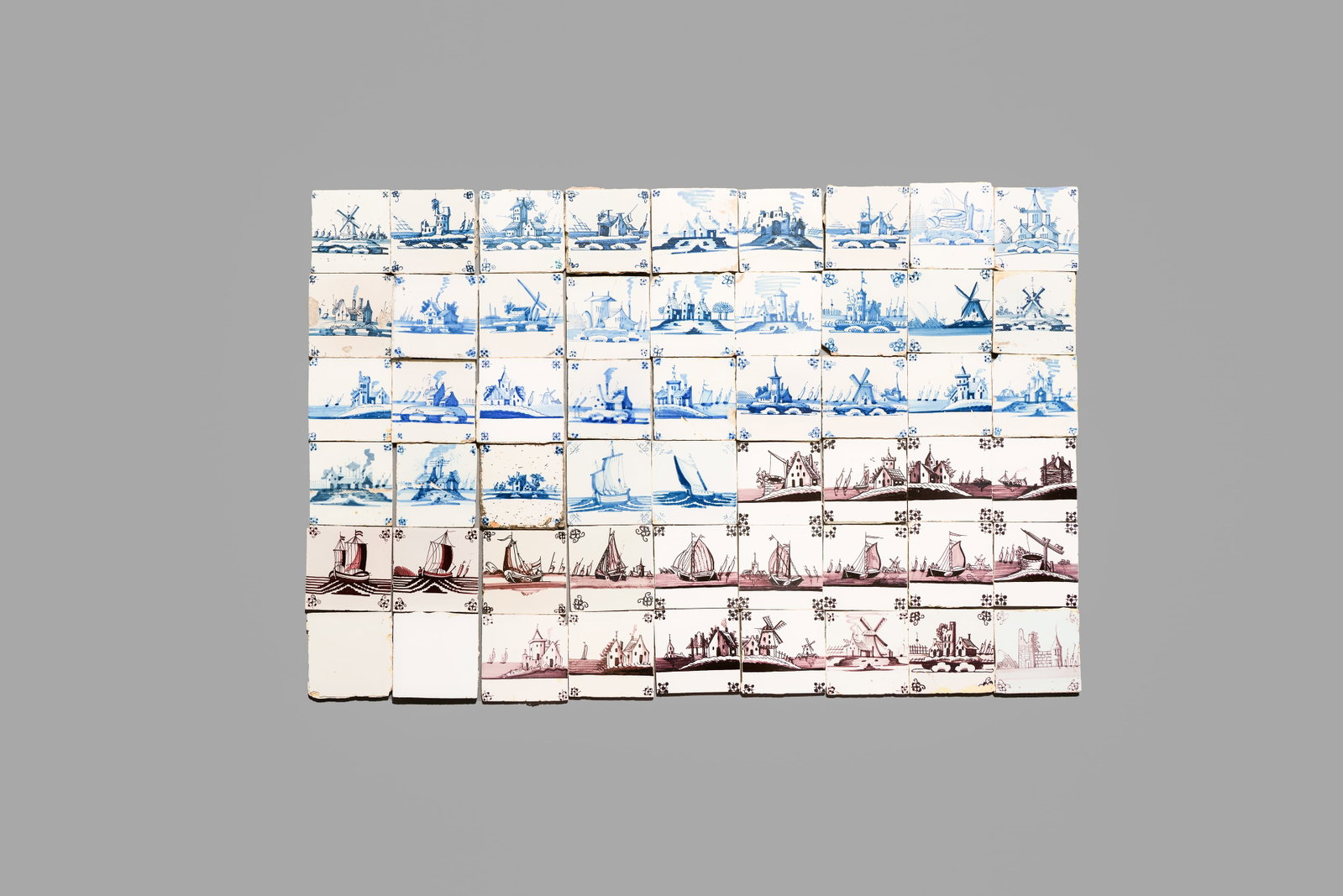 54 blue, white and manganese Dutch Delft tiles, 18th C. (1 of 1)