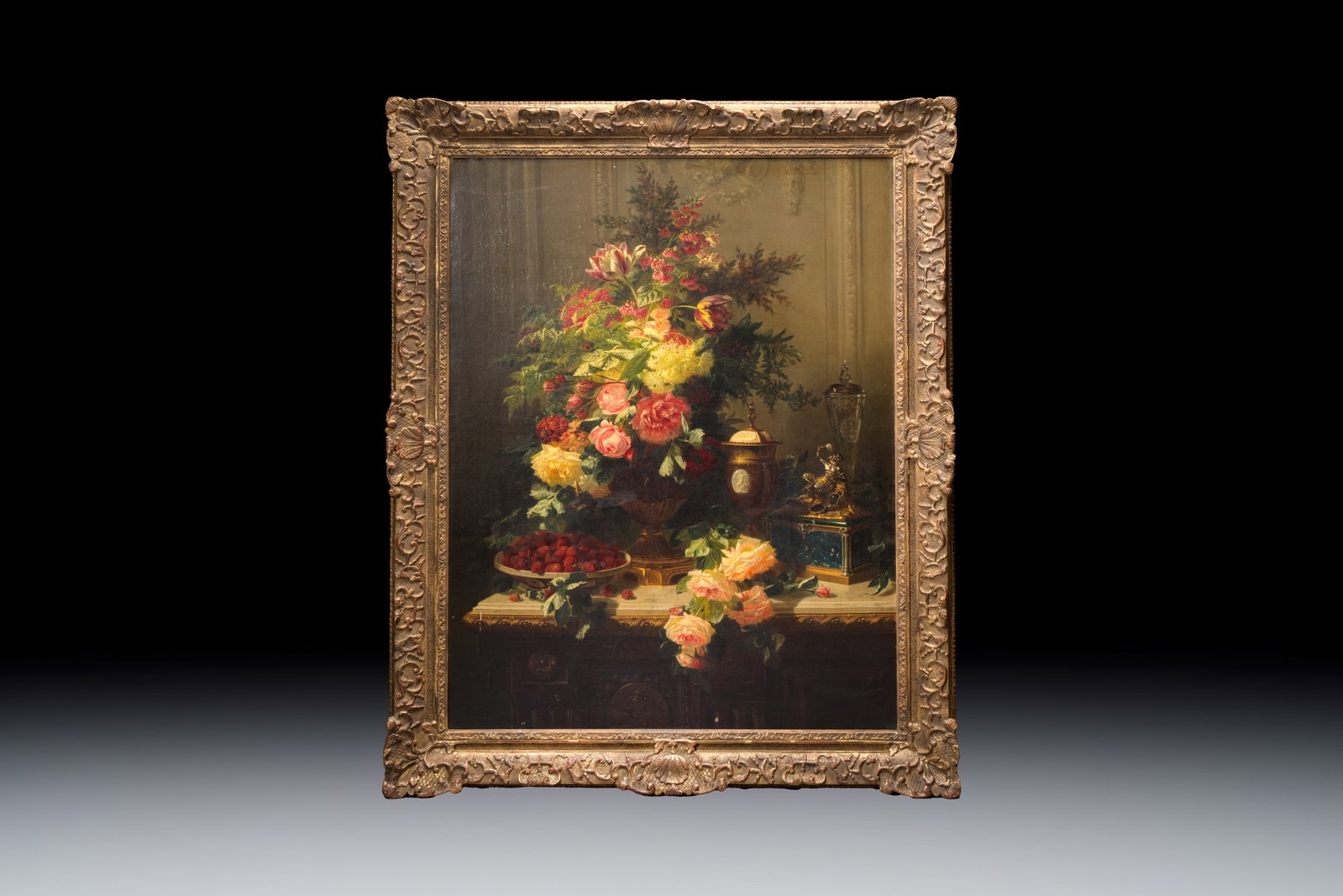 Jean-Baptiste Robie (1821-1910): 'Still Life with Roses and Wild Strawberries', oil on canvas,: Jean-Baptiste Robie (1821-1910): 'Still Life with Roses and Wild Strawberries', oil on canvas, signed and dated 1863 Dim.: 140,5 x 112,5 cm (the frame) Dim.: 116 x 88 cm (the work) Provenance: -Sotheb