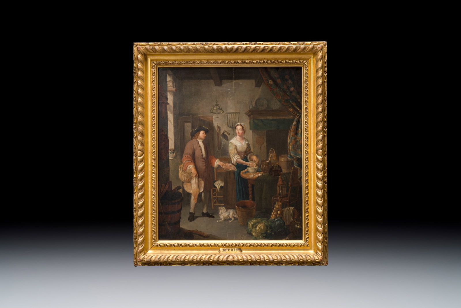 Frans I Van Mieris (1635-1681, attr. to): 'Bringing home poultry from the market', oil on panel, (1 of 2)