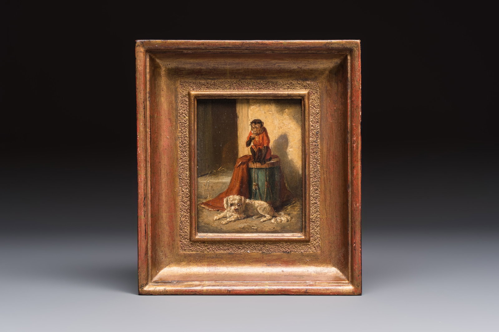 Charles van der Eycken (Belgium, 1859-1923): 'Monkey and Maltese', oil on panel, 19th C. (1 of 2)