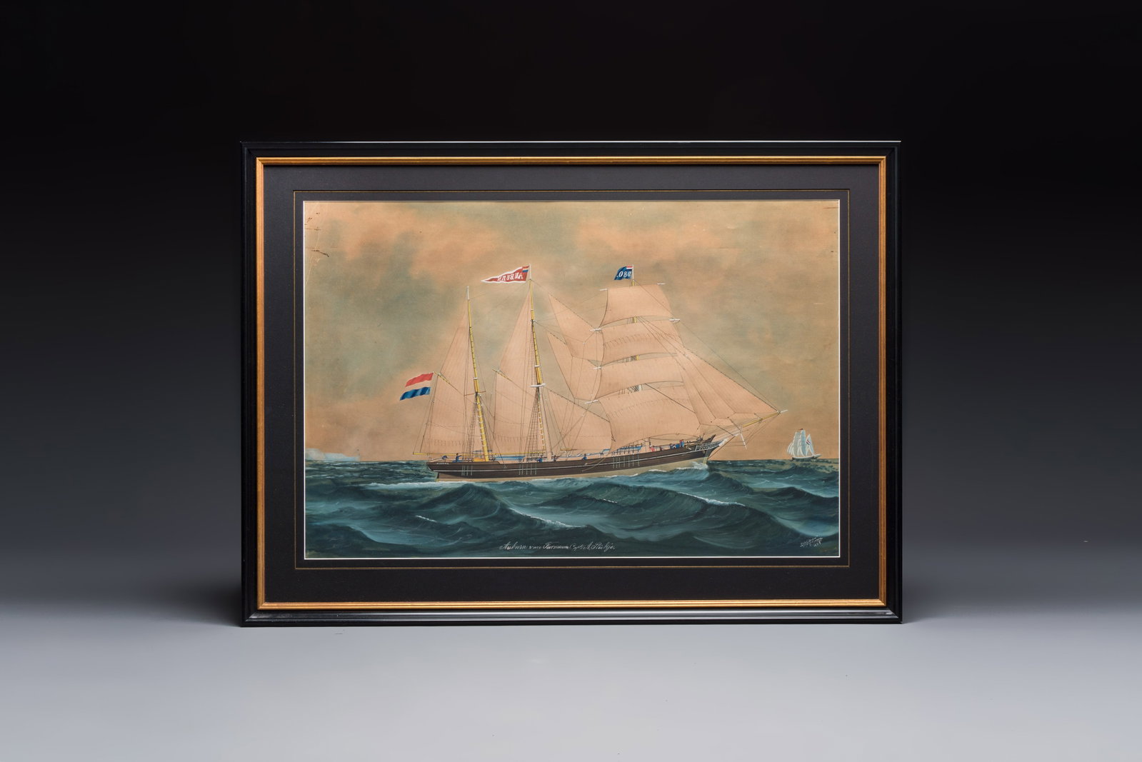 Lars Petter Sjöström (1820–1896): 'Ship portrait of the Dutch bark Auburn', gouache on paper, (1 of 2)