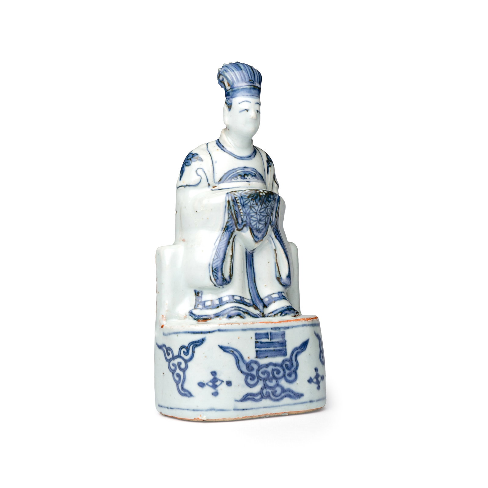 A Chinese blue and white figure of a Daoist deity, Wanli: A Chinese blue and white figure of a Daoist deity, Wanli H.: 21,1 cm Provenance: - Rob Michiels Auctions, Bruges, 6 October 2018, lot 795, with their label to the rear. (sold EUR 9.750,00) - The Mr. a