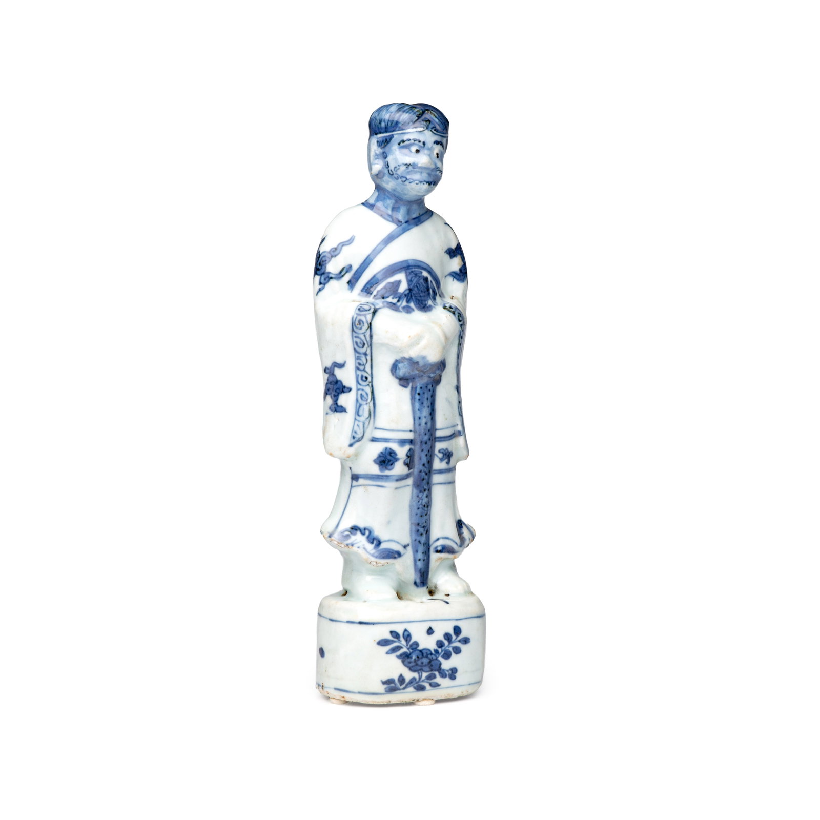 A Chinese blue and white figure of Li Tieguai, late Ming: A Chinese blue and white figure of Li Tieguai, late Ming H.: 22,2 cm Provenance: - D and M Freedman, London. - The Mr. and Mrs. Baert-Devos Collection, Belgium. Acquired from the above on 26 November 