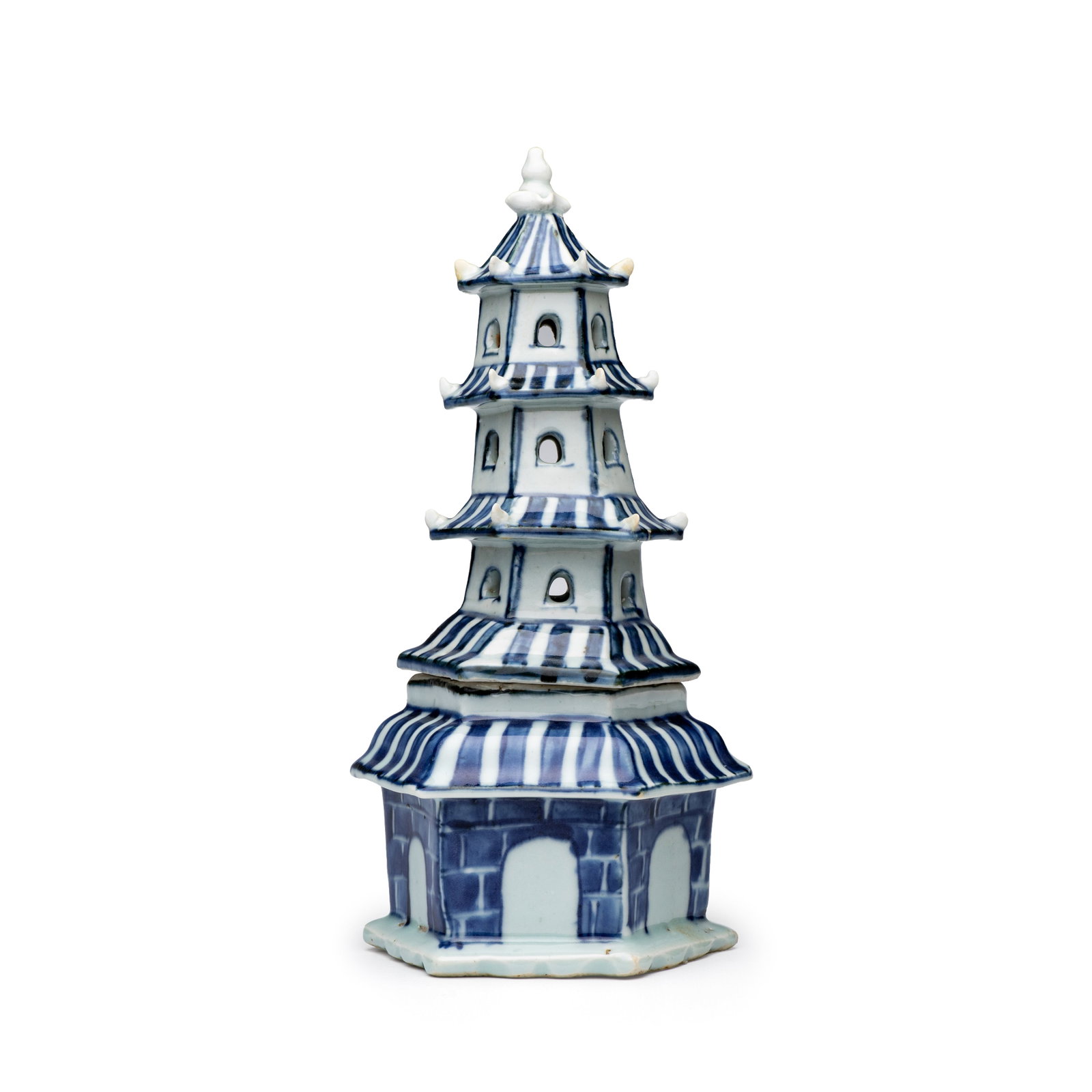 A very rare Chinese blue and white pagoda-shaped incense burner, Wanli: A very rare Chinese blue and white pagoda-shaped incense burner, Wanli Dim: 10,1 x 8,7 x 17,3 cm Provenance: - Jorge Welsh Works of Art, Lisbon/London, with their label to the base. - The Mr. and Mrs.