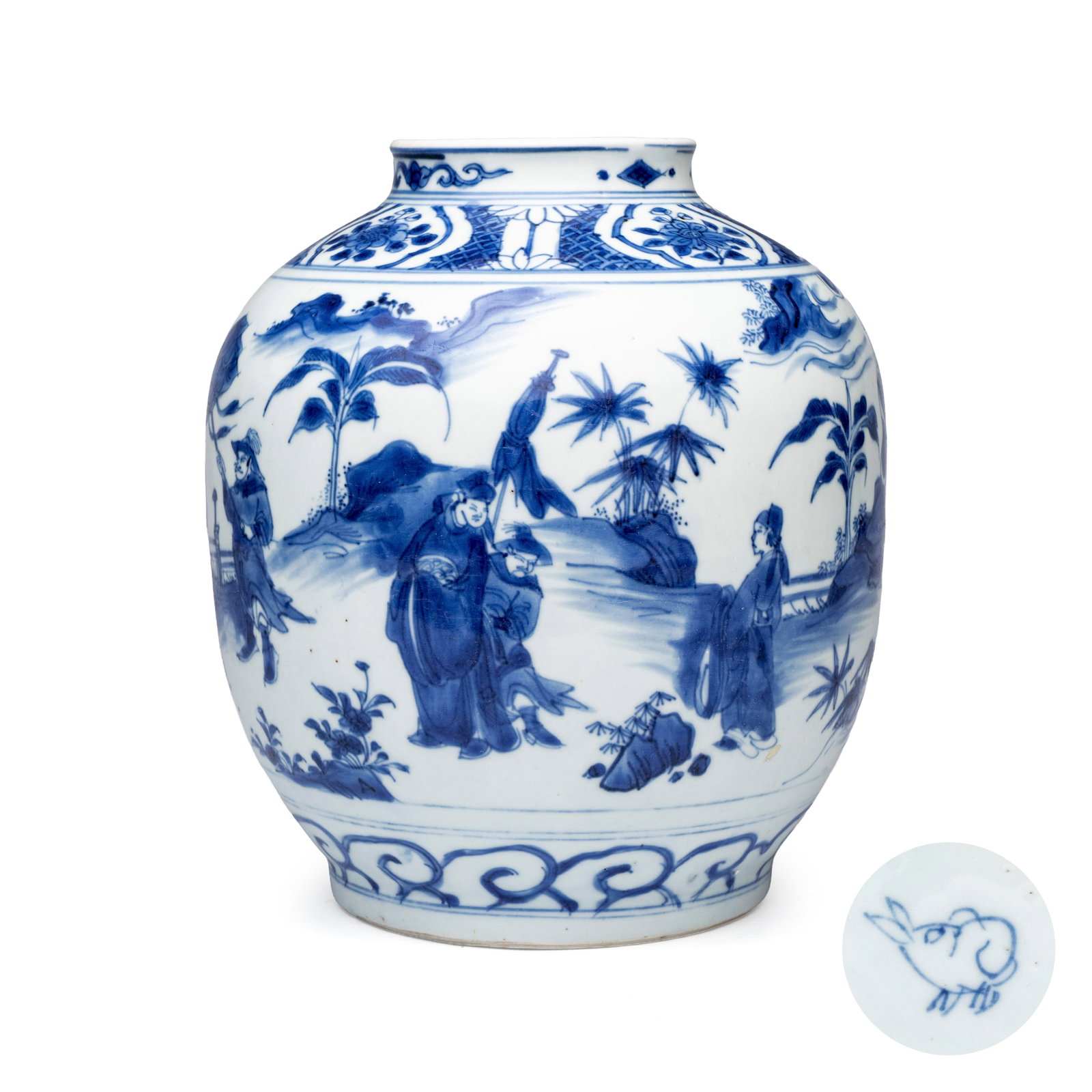 A Chinese blue and white baluster vase with narrative design, hare mark, late Ming: A Chinese blue and white baluster vase with narrative design, hare mark, late Ming H.: 21,2 cm Provenance: - Luis Alegria, Porto, with their label to the base. - The Mr. and Mrs. Baert-Devos Collectio