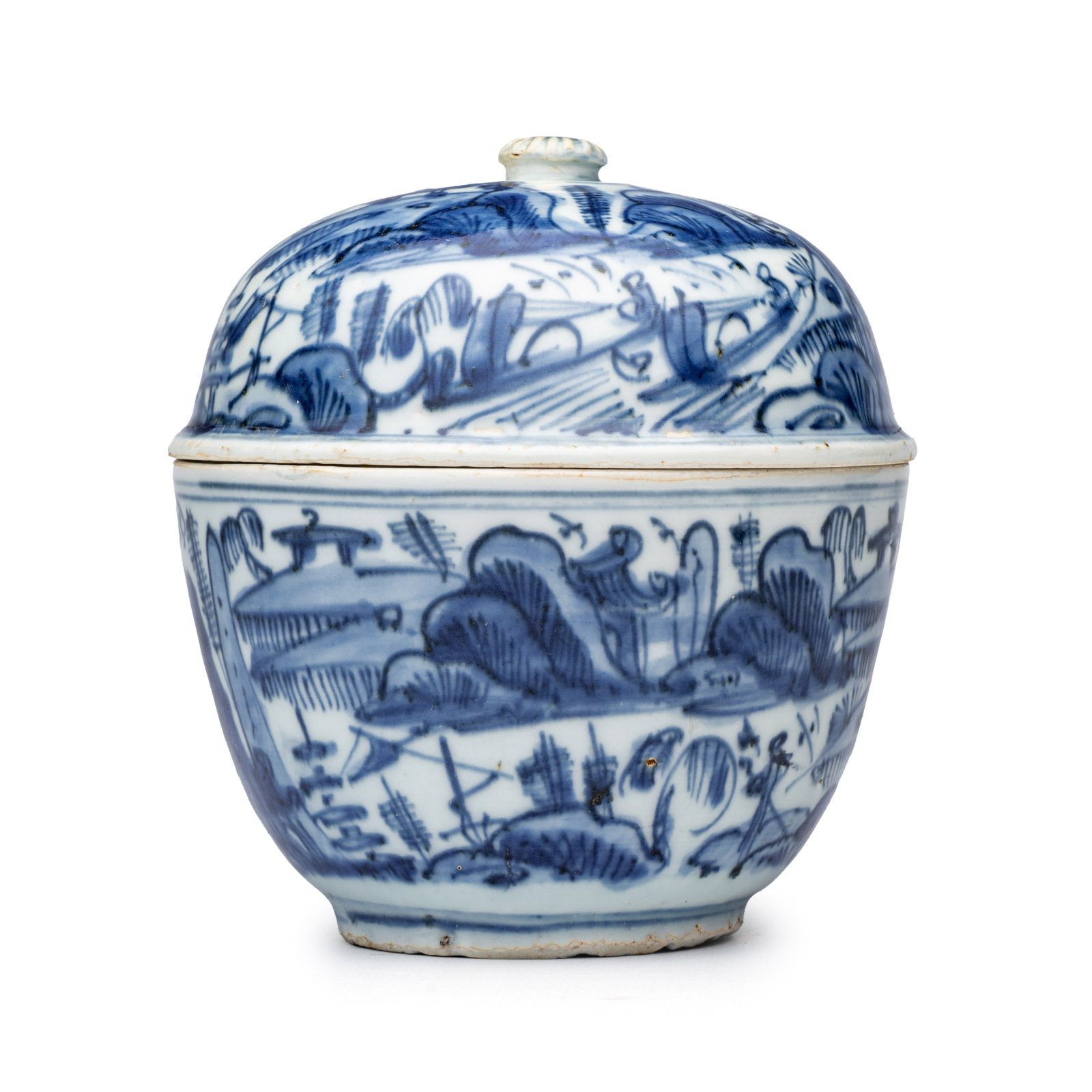 A Chinese blue and white 'Mountainous Riverscape' bowl and cover, Wanli (1 of 10)