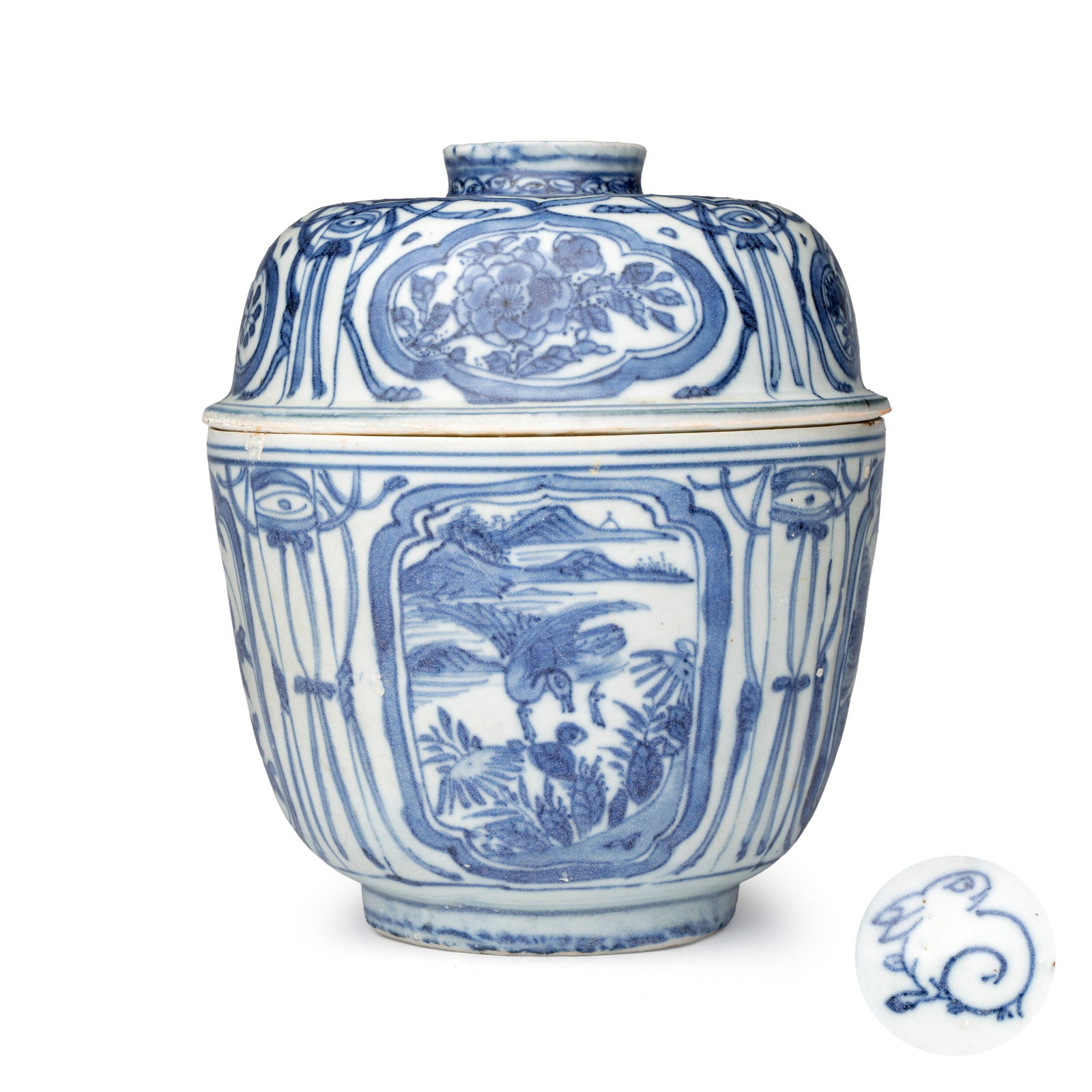 A Chinese blue and white 'Crow' cup or bowl and cover, Hatcher Cargo, hare mark, Wanli (1 of 9)