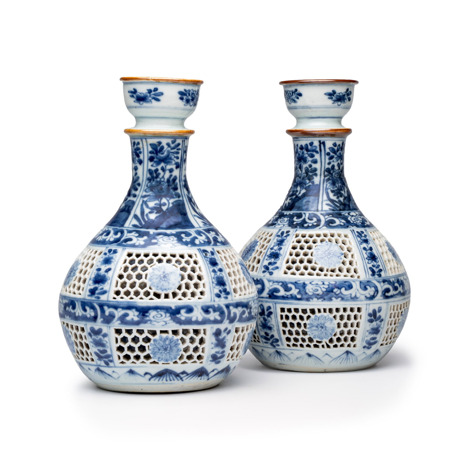 A pair of Chinese blue and white double-walled 'Linglong' hookah bases, Kangxi (1 of 13)