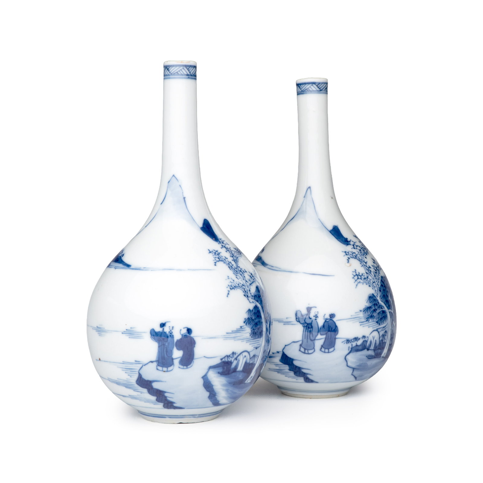 A pair of Chinese blue and white 'Scholars in a River Landscape' bottle vases, Kangxi (1 of 14)