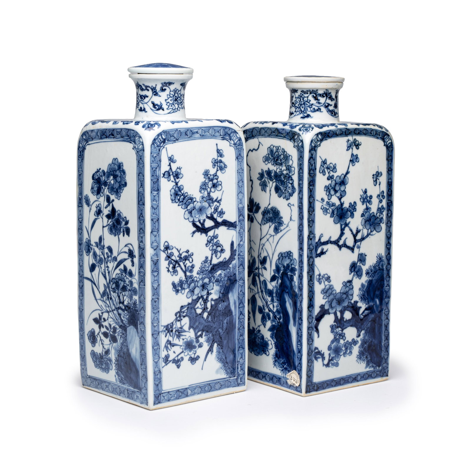 A pair of Chinese blue and white 'Blossoming Flower Branches' square flasks and covers, artemisia (1 of 17)