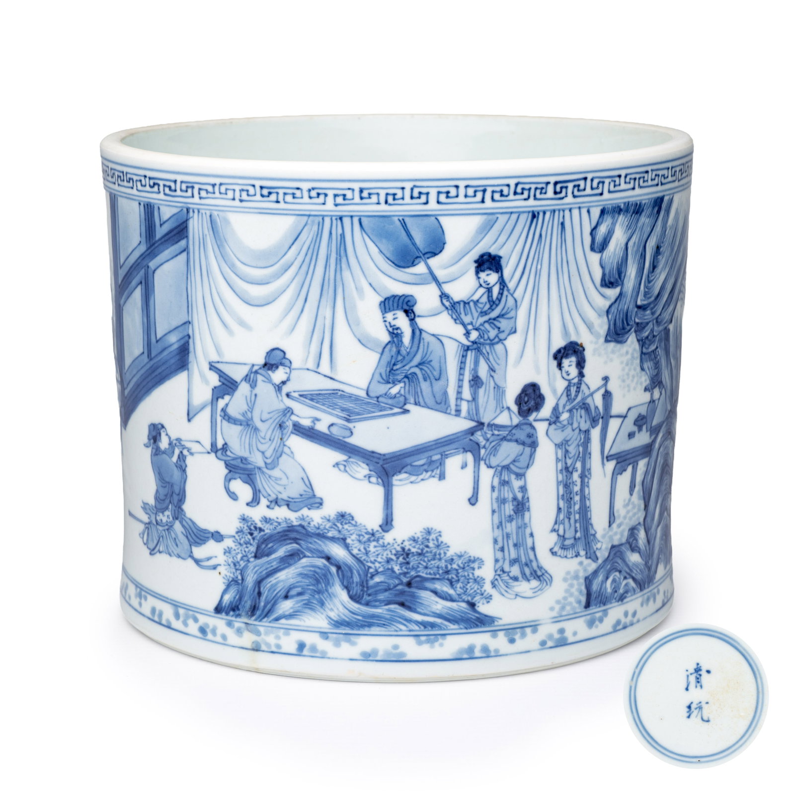 A rare and fine Chinese blue and white 'Xie An at the Battle of the Fei River' brushpot (Bitong) , (1 of 10)