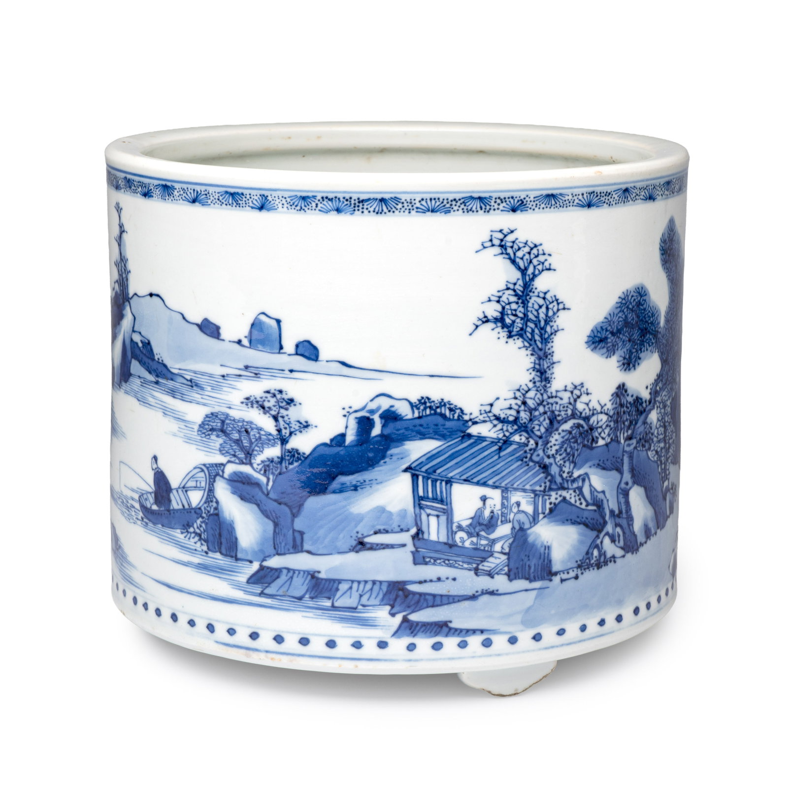 A large Chinese blue and white tripod censer with figures in a landscape, Kangxi (1 of 8)