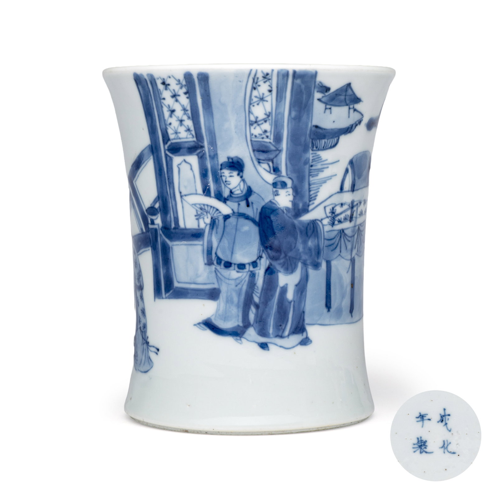 A Chinese blue and white 'Xi Xiang Ji' brushpot (Bitong), Chenghua mark, Kangxi: A Chinese blue and white 'Xi Xiang Ji' brushpot (Bitong), Chenghua mark, Kangxi Dia.: 10,7 cm - H.: 12,5 cm Provenance: - Marc Michot, Bruges. - The Mr. and Mrs. Baert-Devos Collection, Belgium. Acqui