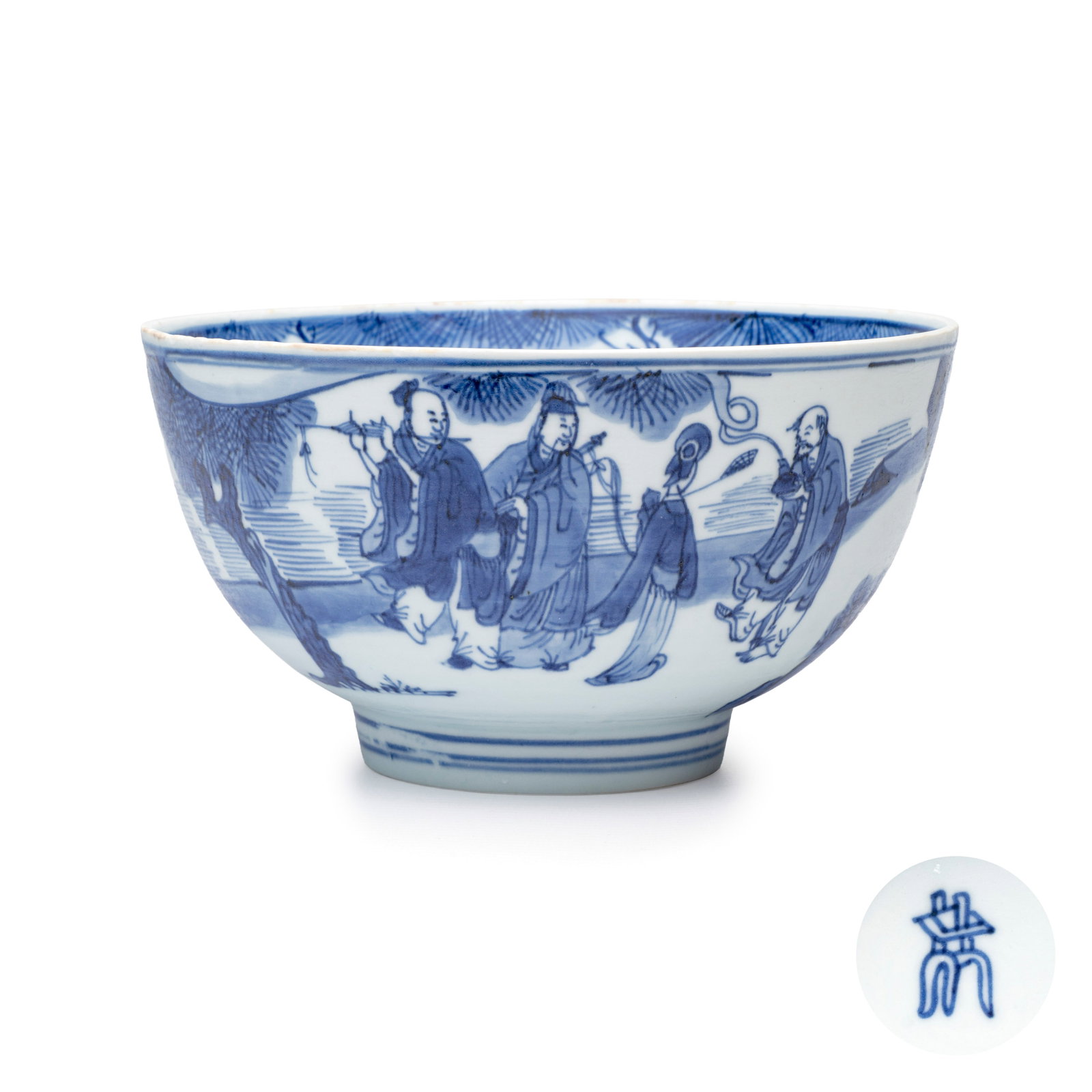 A Chinese blue and white 'Ba Xian Zhu Shou' bowl, fang ding mark, Kangxi: A Chinese blue and white 'Ba Xian Zhu Shou' bowl, fang ding mark, Kangxi Dia.: 20 cm - H.: 10,7 cm Provenance: - Rob Michiels Auctions, Bruges, 21 September 2019, lot 430. (sold EUR 4.680,00) - The Mr