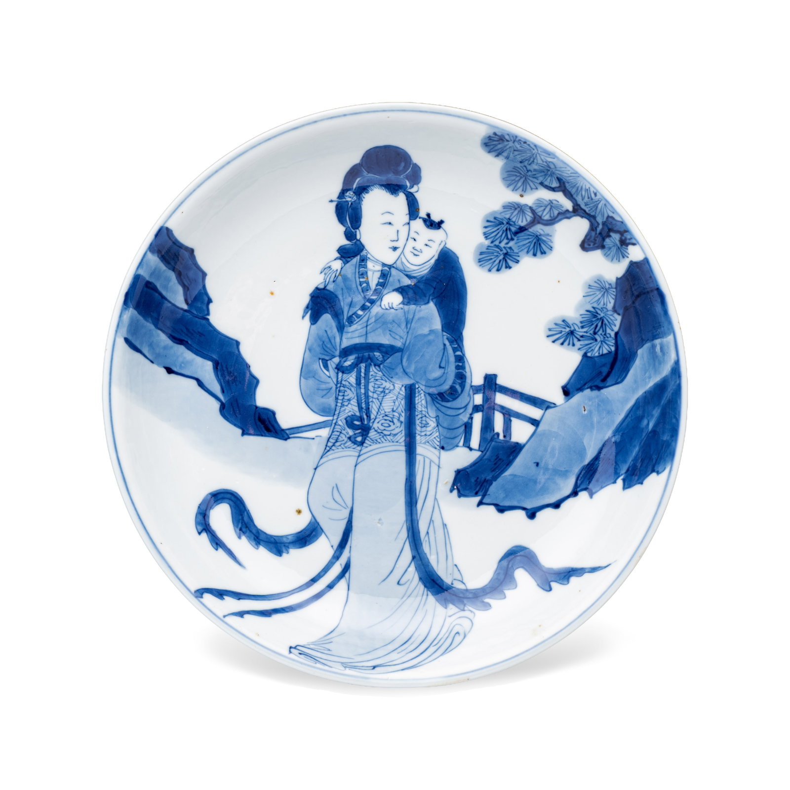 A fine Chinese blue and white semi-eggshell plate with a lady carrying a child, fang ding mark,: A fine Chinese blue and white semi-eggshell plate with a lady carrying a child, fang ding mark, Kangxi Dia.: 20,6 cm Provenance: - Rob Michiels Auctions, Bruges, 15 February 2020, lot 688. (sold EUR 1