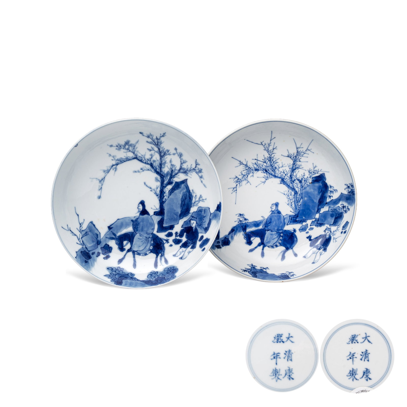 A pair of Chinese blue and white 'Ta Xue Xun Mei' plates, Kangxi mark and of the period (1 of 6)