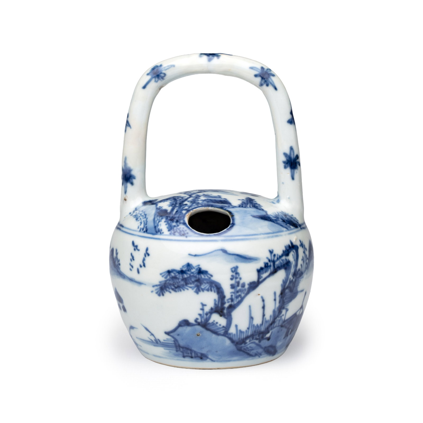 A rare Chinese blue and white 'Mountainous Riverscape' lime pot, Kangxi: A rare Chinese blue and white 'Mountainous Riverscape' lime pot, Kangxi H.: 14 cm Provenance: - Vanderven Oriental Art, 's Hertogenbosch. - The Mr. and Mrs. Baert-Devos Collection, Belgium. Acquired f