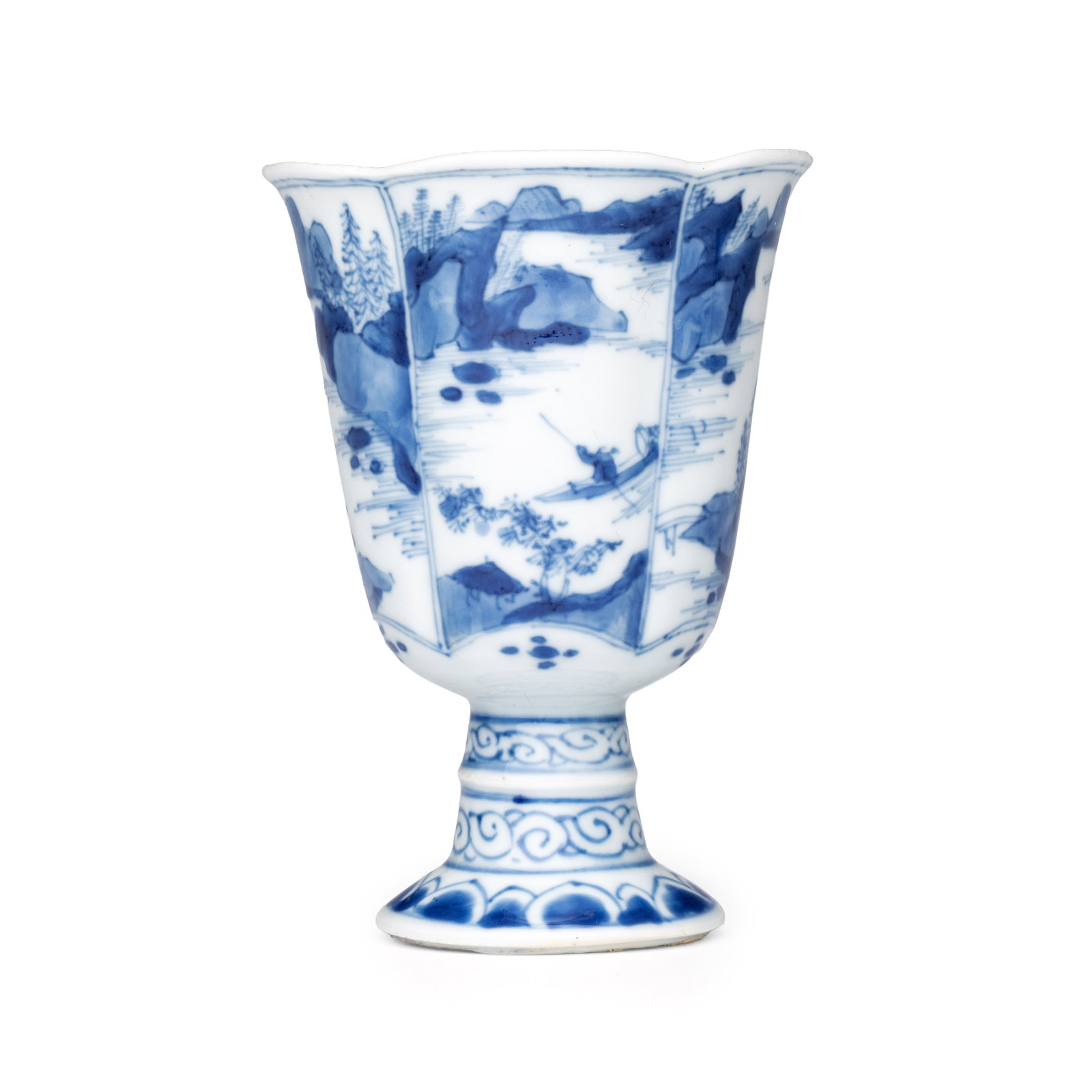 A rare Chinese blue and white 'Mountainous Landscape' lobed goblet, Kangxi (1 of 8)