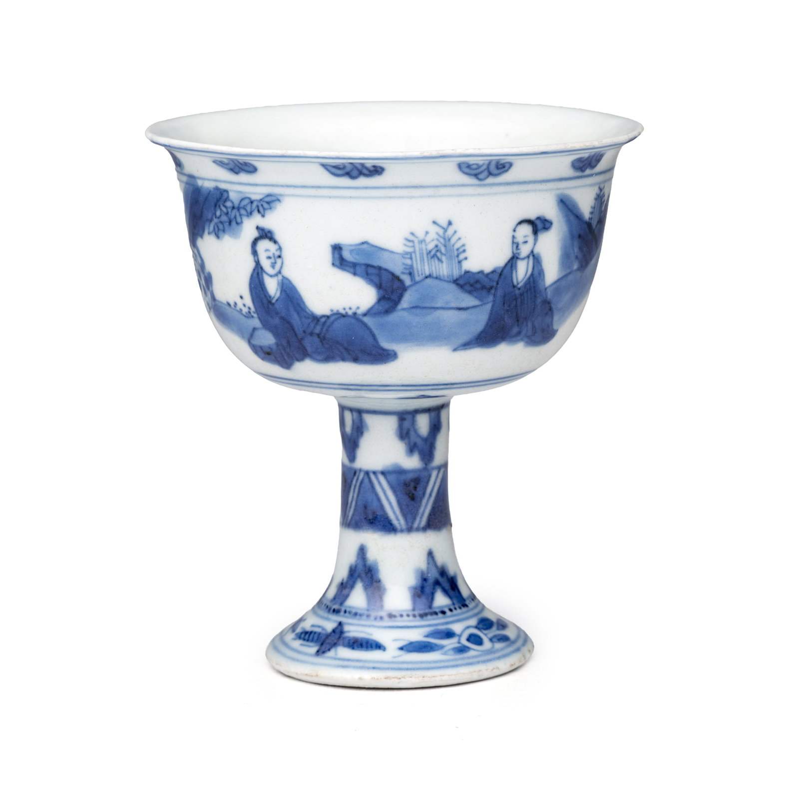 A Chinese blue and white 'Scholars' stem cup, Chongzhen: A Chinese blue and white 'Scholars' stem cup, Chongzhen Dia.: 8,2 cm - H.: 9,8 cm Provenance: - Rob Michiels Auctions, Bruges, 28 April 2018, lot 347. (sold EUR 5.460,00) - The Mr. and Mrs. Baert-Devo