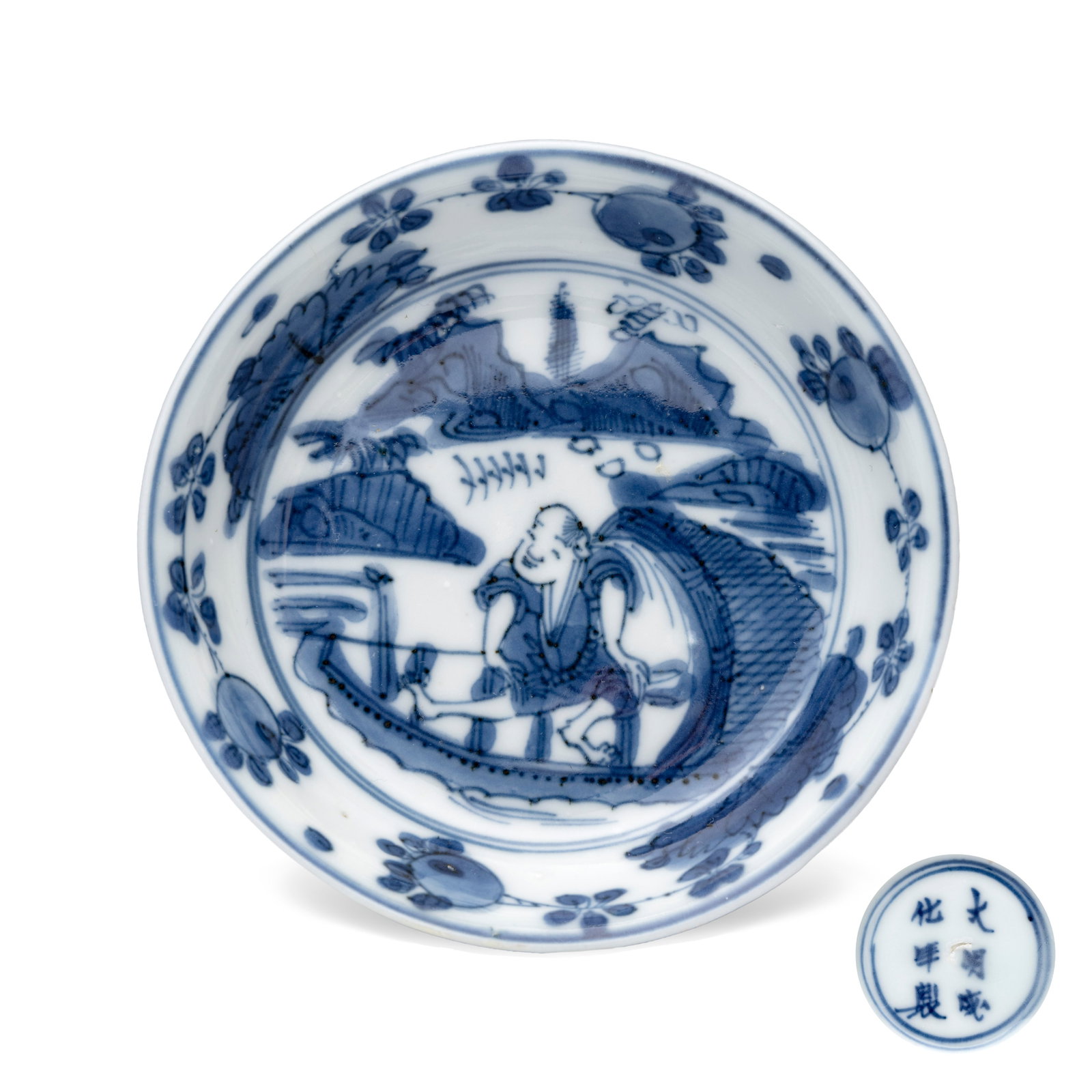 A small Chinese blue and white 'Fisherman' footed saucer dish, Chenghua mark, Wanli (1 of 8)